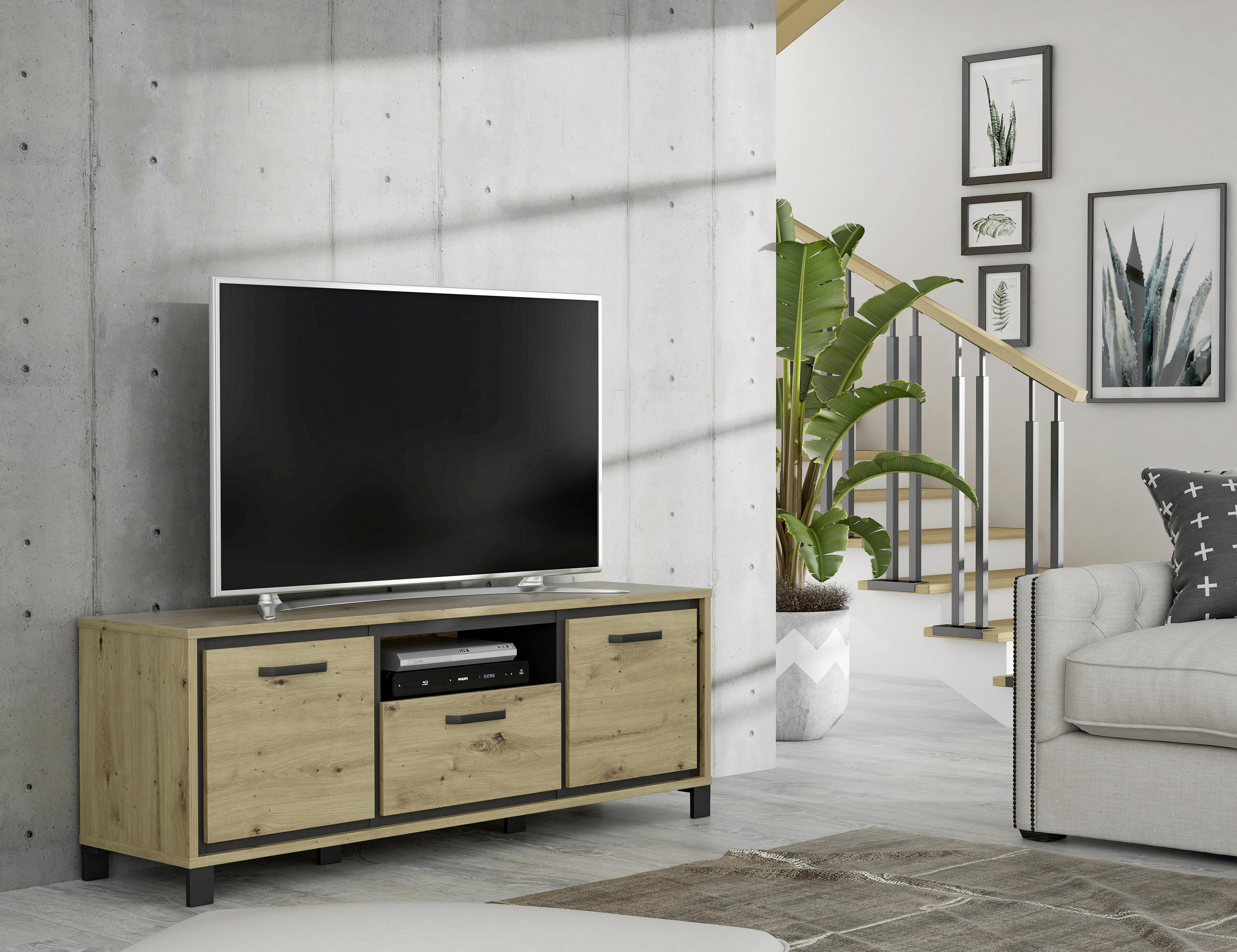 TV-ELEMENT - Eichefarben/Schwarz, Basics, Holzwerkstoff/Kunststoff (158,4/58,9/41,5cm) - Livetastic