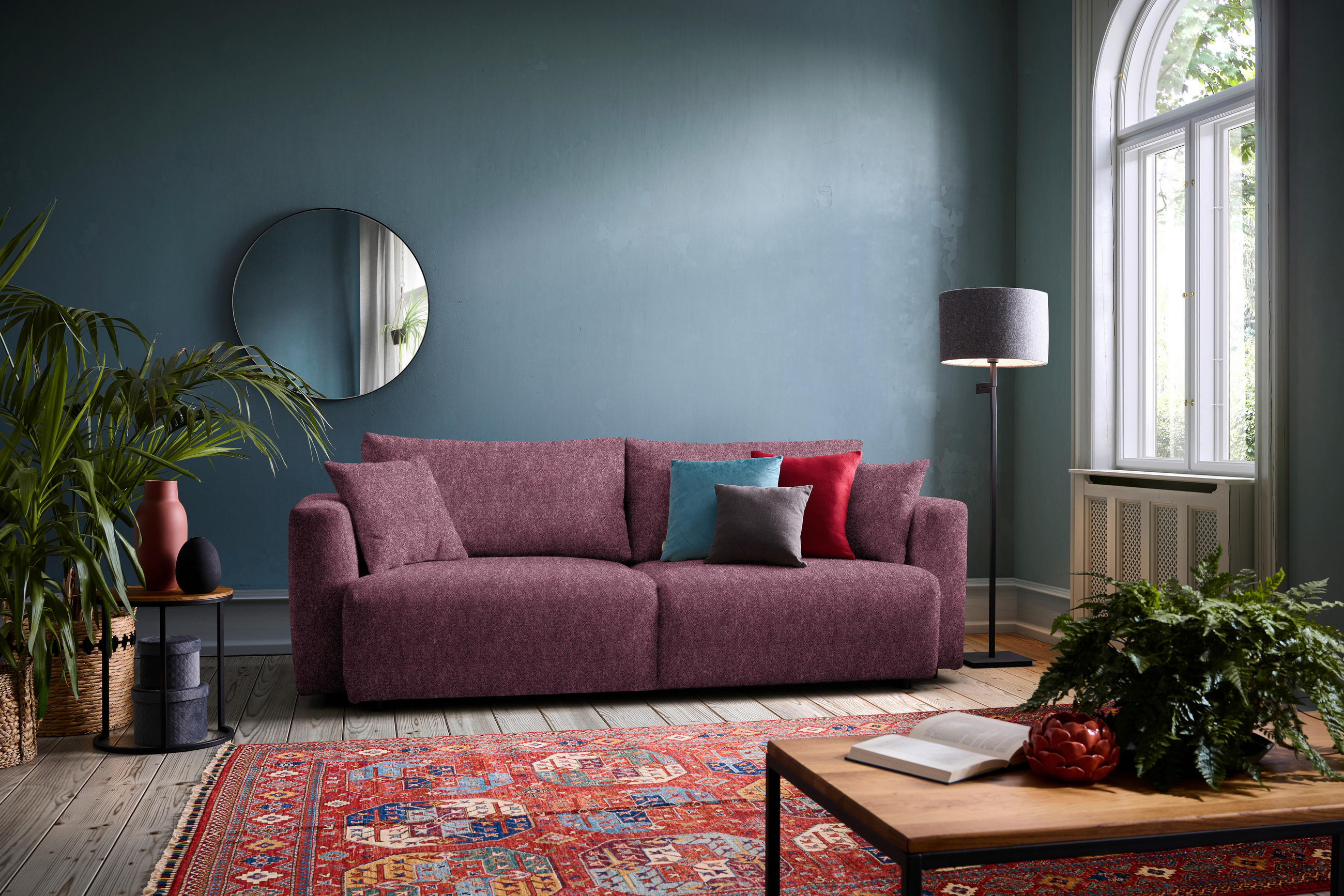 SCHLAFSOFA  mit Stoffauswahl, Schlafen auf Sitzhöhe, Rücken echt Velours Bordeaux  - Bordeaux/Schwarz, Design, Kunststoff/Textil (250/92/105cm) - Carryhome