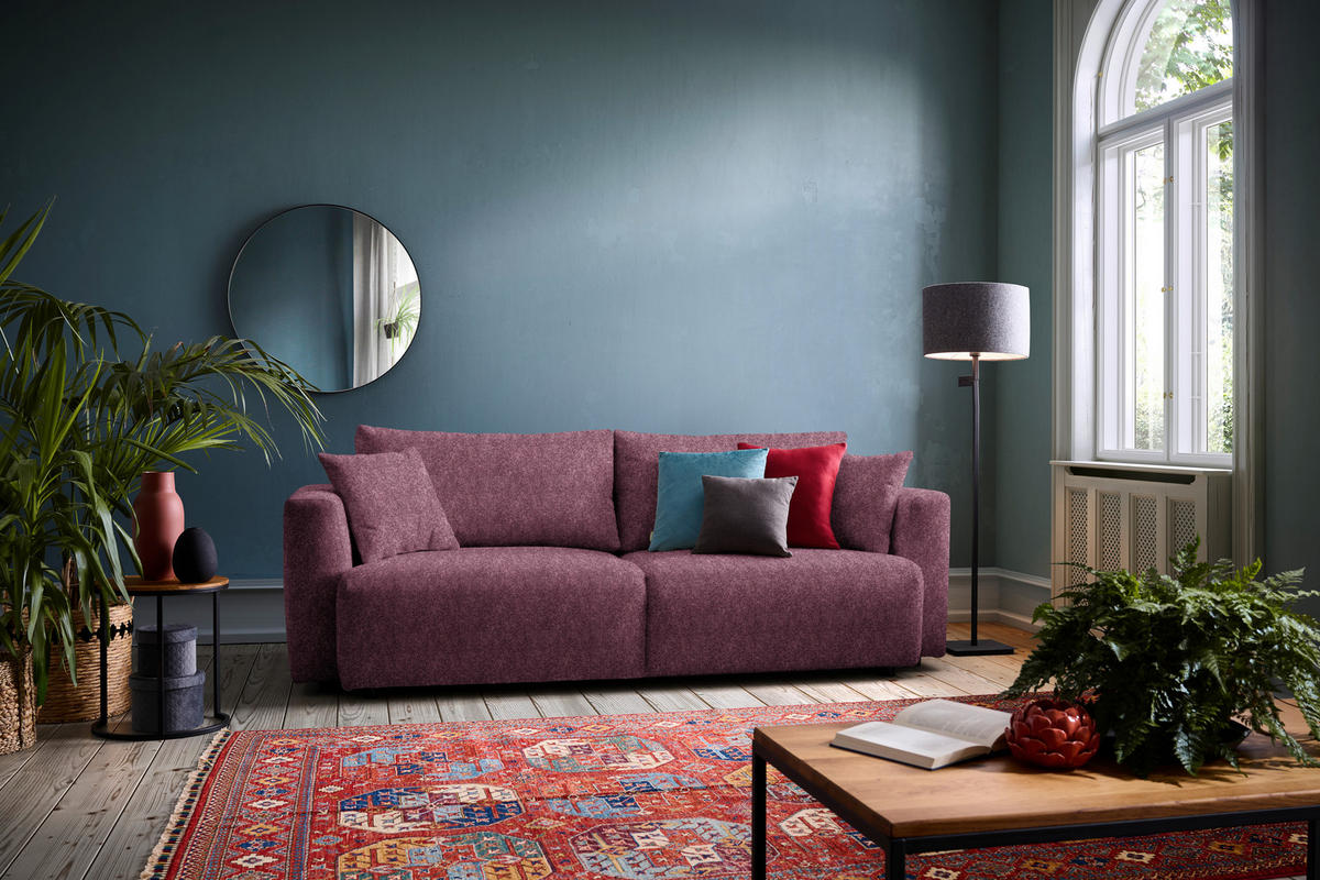 SCHLAFSOFA  mit Stoffauswahl, Schlafen auf Sitzhöhe, Rücken echt Velours Bordeaux  - Bordeaux/Schwarz, Design, Kunststoff/Textil (250/92/105cm) - Carryhome