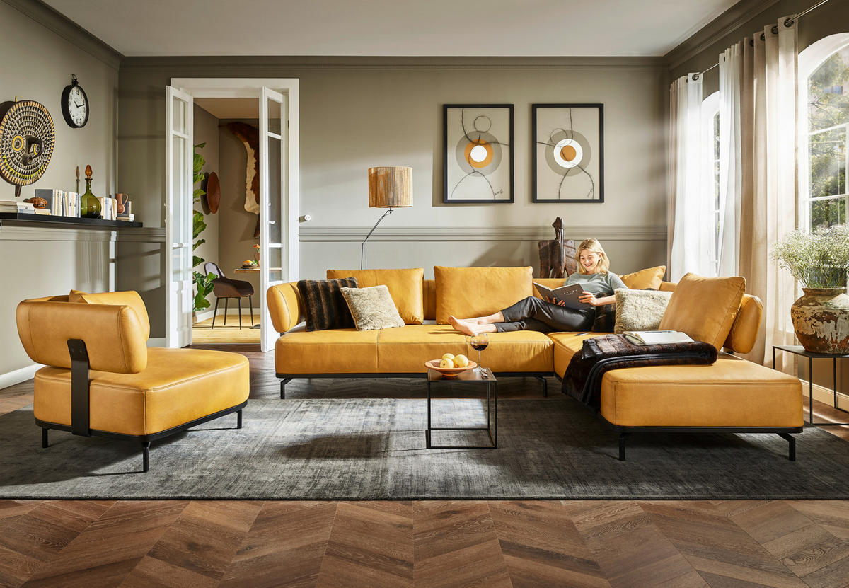 ECKSOFA in Echtleder Dunkelgelb  - Dunkelgelb/Schwarz, Design, Leder/Metall (302/237cm) - Dieter Knoll