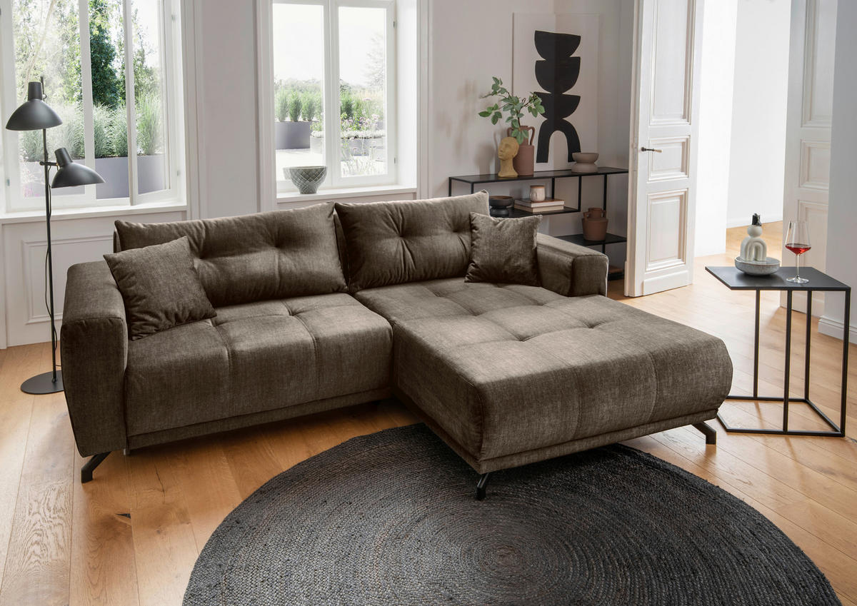 ECKSOFA in Velours Braun  246/177 cm  - Schwarz/Braun, MODERN, Textil/Metall (246/177cm) - MID.YOU