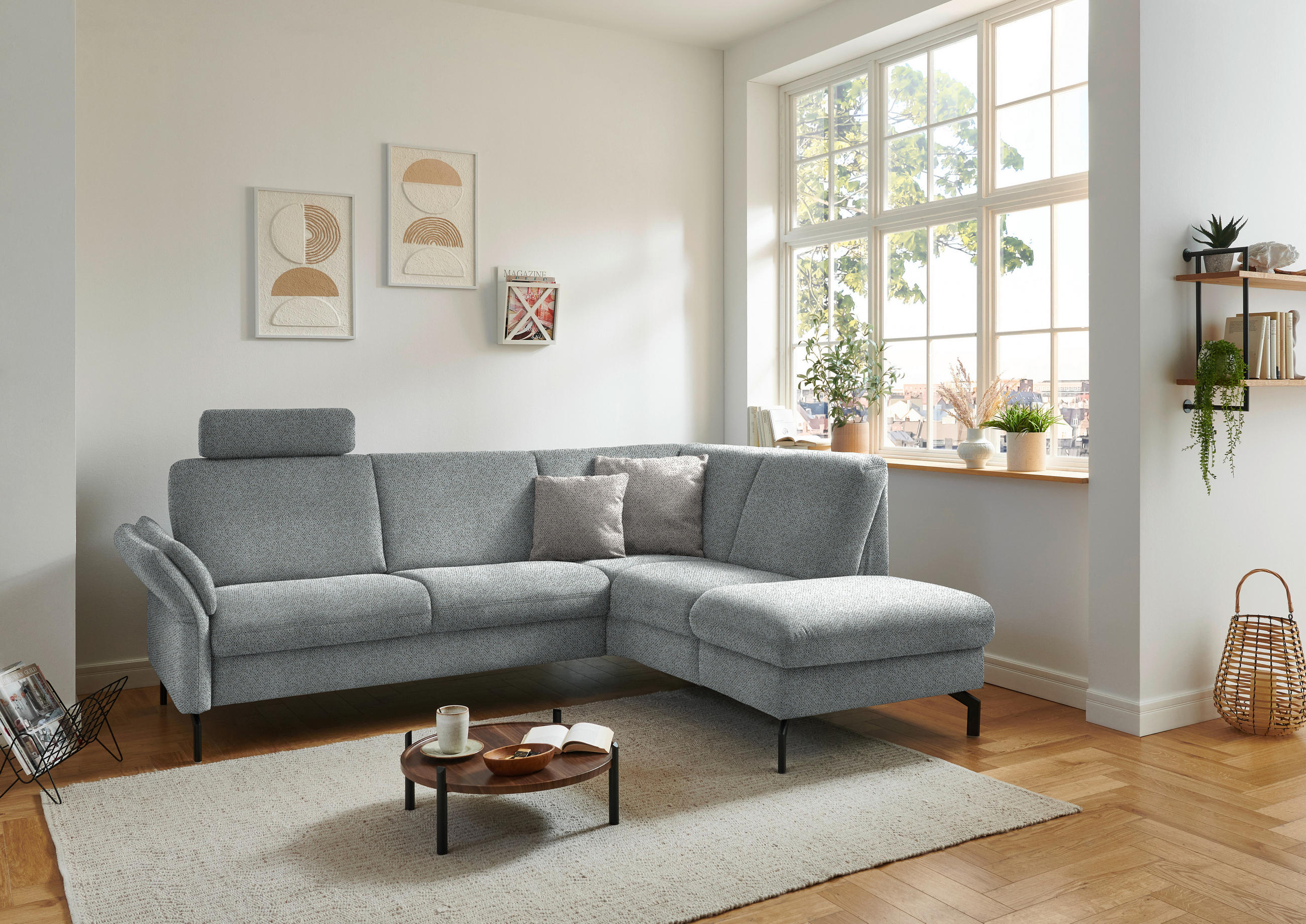 ECKSOFA in Flachgewebe Hellgrau  - Hellgrau/Schwarz, Konventionell, Textil/Metall (241/190cm) - Beldomo Comfort