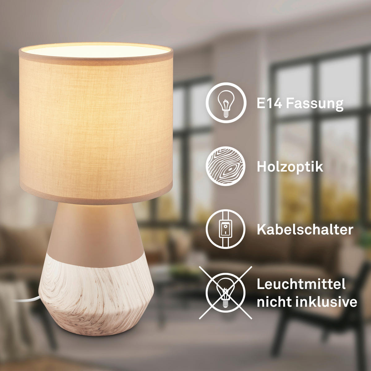 LED ASZTALI LÁMPA - bézs, Basics, textil/fa (18/34cm)