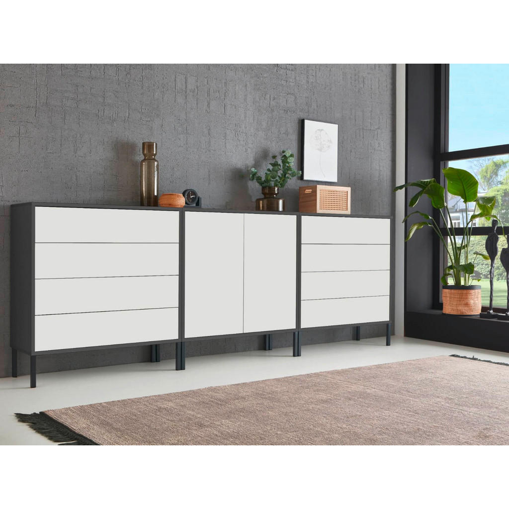 Thumbnail - Mid.you Sideboard Mailand Set 4 + MF, Anthrazit, Weiß, Holzwerkstoff, 3 Fächer, 8 Schubladen, 237x86x33 cm, Made in Germ...