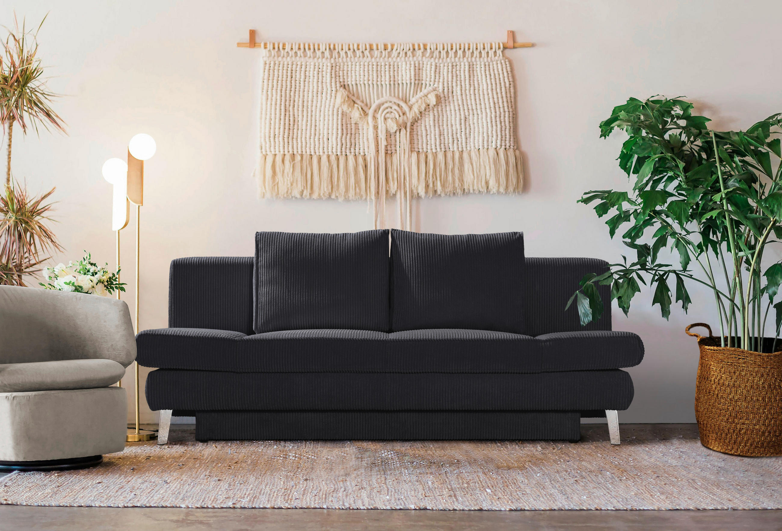 SCHLAFSOFA in Cord Dunkelgrau  - Chromfarben/Dunkelgrau, Design, Textil/Metall (200/85/90cm) - Xora