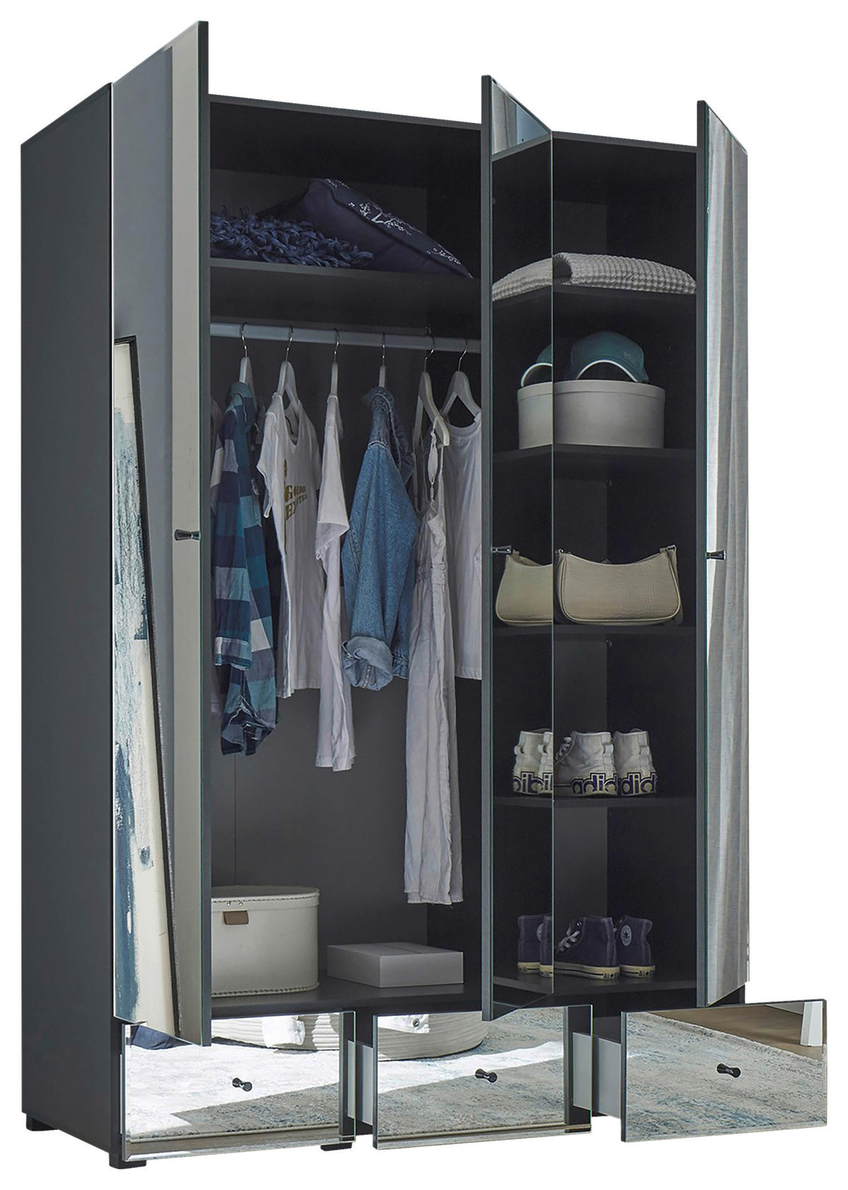 KLEIDERSCHRANK 135/195/55 cm,  in Graphitfarben, 3-türig  - Schwarz/Graphitfarben, KONVENTIONELL, Glas/Holzwerkstoff (135/195/55cm) - Boxxx