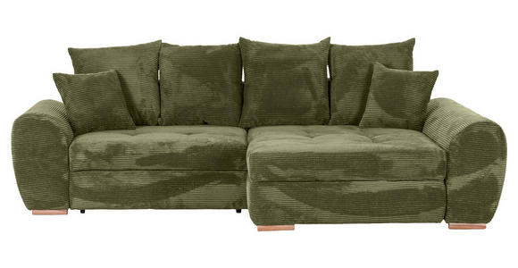 ECKSOFA Olivgrün Cord Zierkissen, Rückenkissen, Bettkasten, Schlaffunktion, Rücken echt  - Eichefarben/Olivgrün, KONVENTIONELL, Holz/Textil (276/177cm) - Carryhome