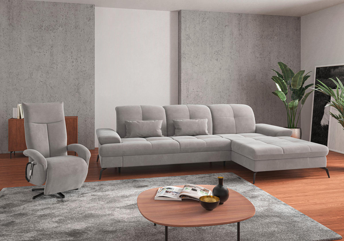 ECKSOFA in Flachgewebe Silberfarben  - Silberfarben/Schwarz, Konventionell, Textil/Metall (279/185cm) - Sit & More