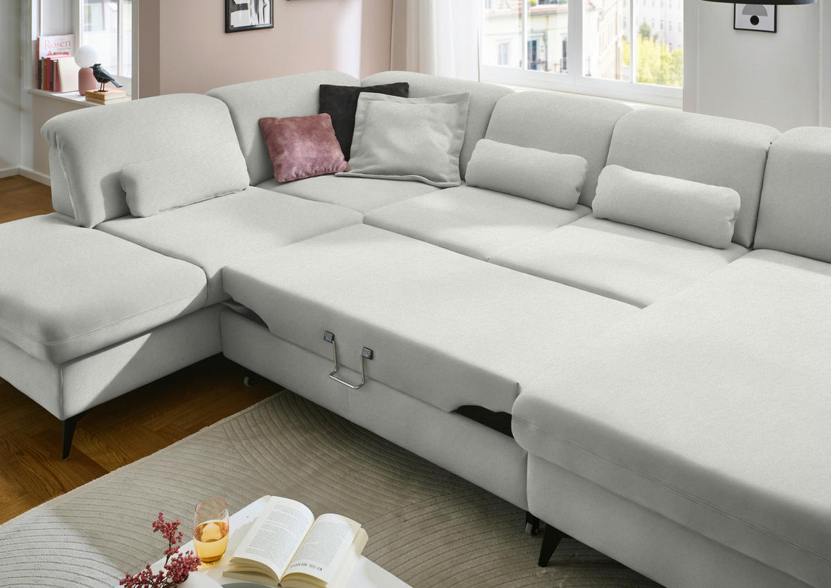 WOHNLANDSCHAFT Chenille Ecru  - Ecru/Schwarz, Design, Textil/Metall (255/369/198cm) - Beldomo Style