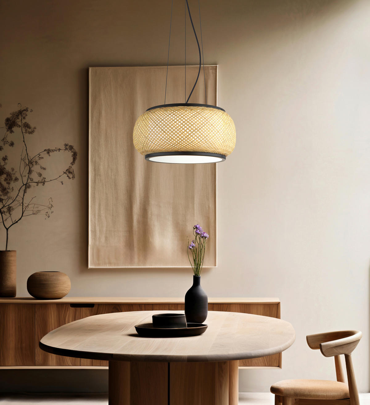 LED-HÄNGELEUCHTE 38/120 cm  - Schwarz/Naturfarben, Design, Holz/Kunststoff (38/120cm) - Globo