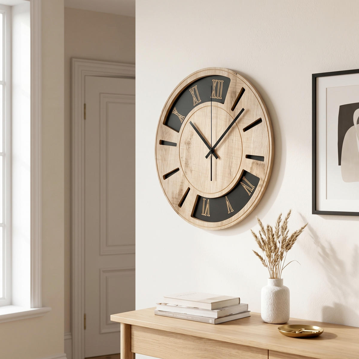 WANDUHR Schwarz, Eichefarben  - Eichefarben/Schwarz, Basics, Holz/Kunststoff (36cm)