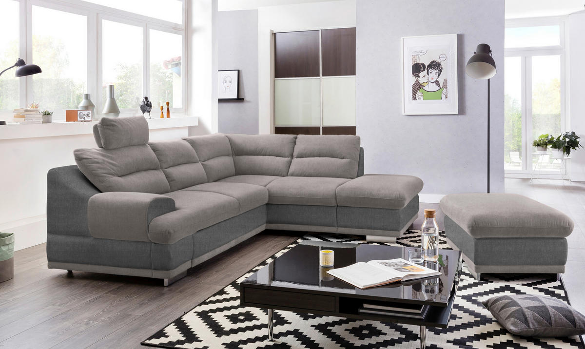 WOHNLANDSCHAFT Grau, Hellgrau Velours  - Chromfarben/Hellgrau, KONVENTIONELL, Textil/Metall (264/217cm) - MID.YOU
