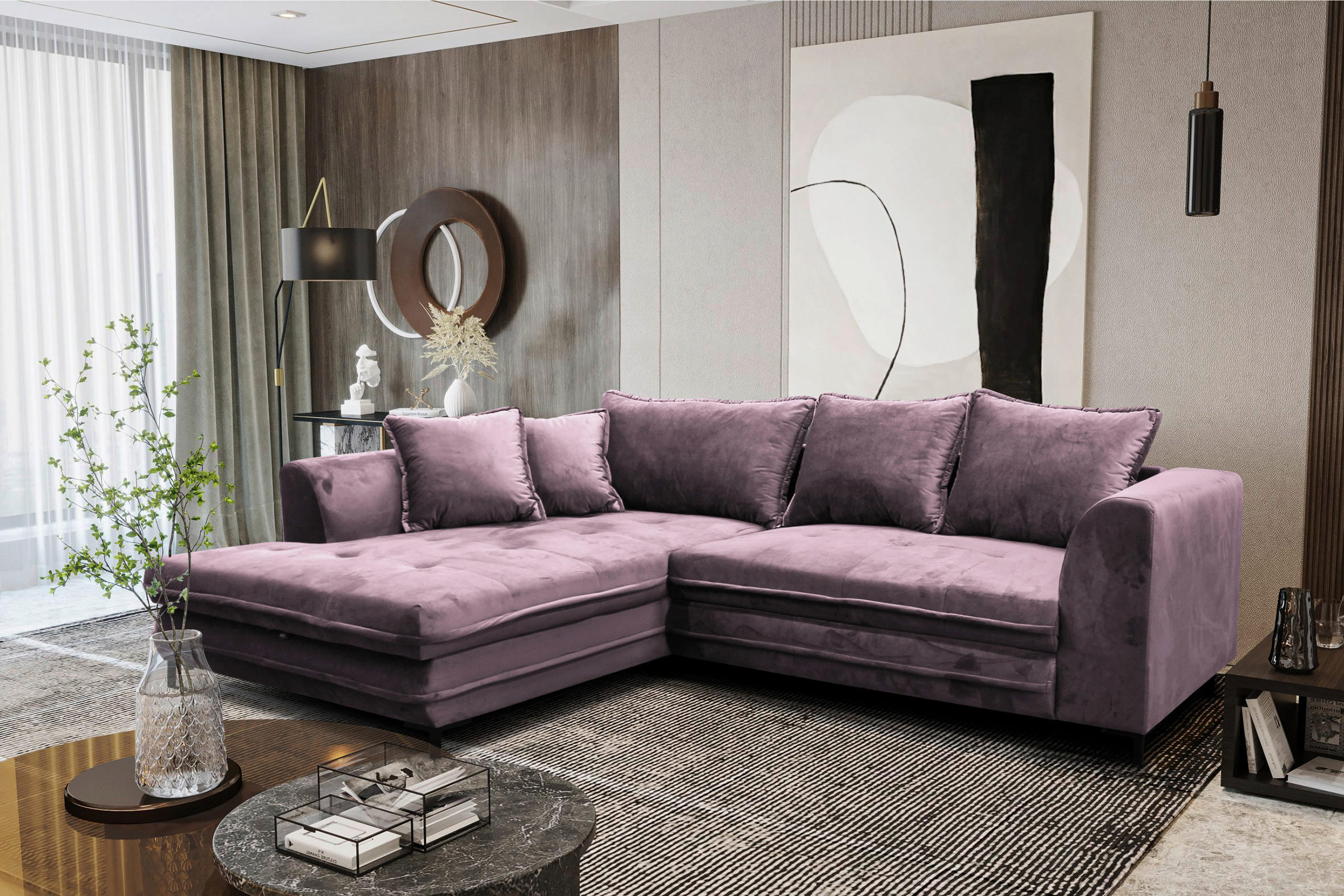 ECKSOFA Beere Velours  - Beere/Beige, Design, Textil/Metall (187/277cm) - Livetastic