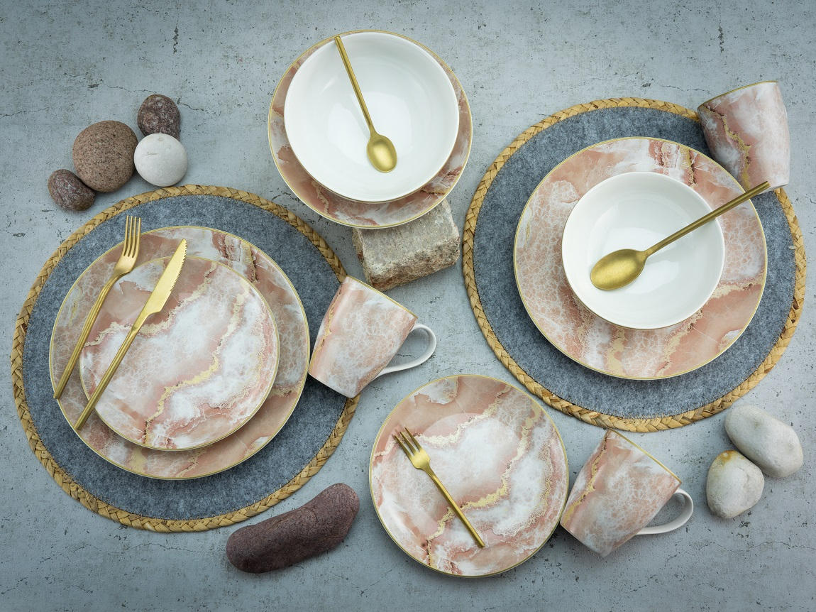 KOMBISERVICE Marmor 16-teilig - Goldfarben/Rosa, Design, Keramik (34/31,5/33cm) - Creatable