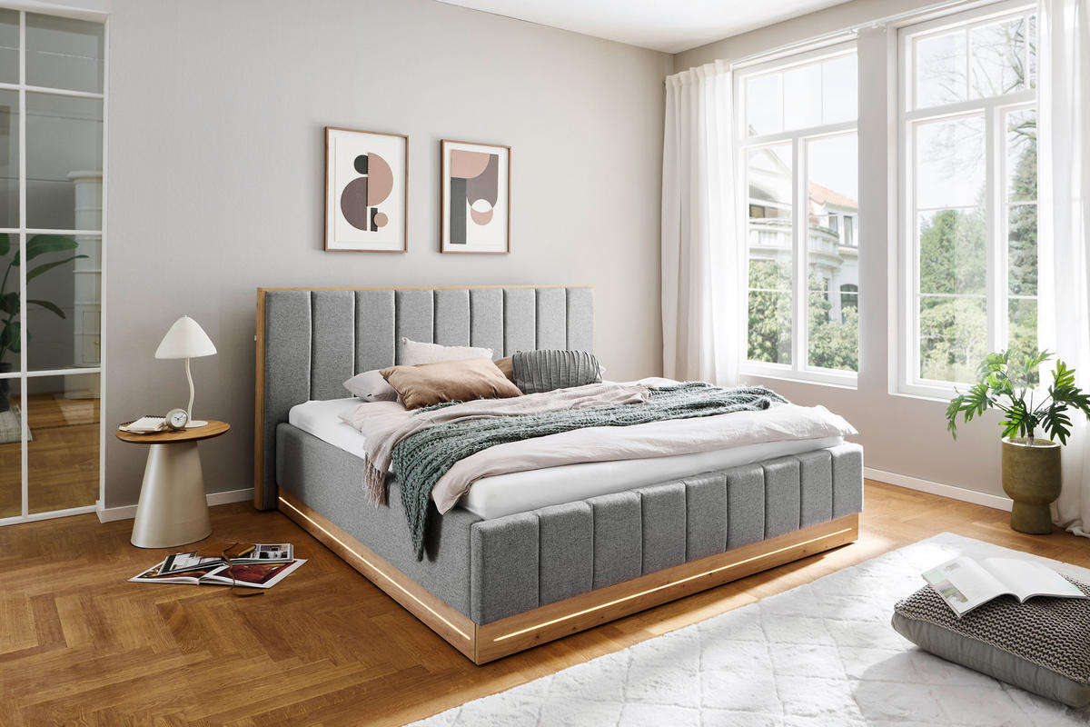 POLSTERBETT 180/200 cm,  in Grau, Beleuchtung,  - Eichefarben/Grau, Design, Holzwerkstoff/Textil (180/200cm) - Stylife