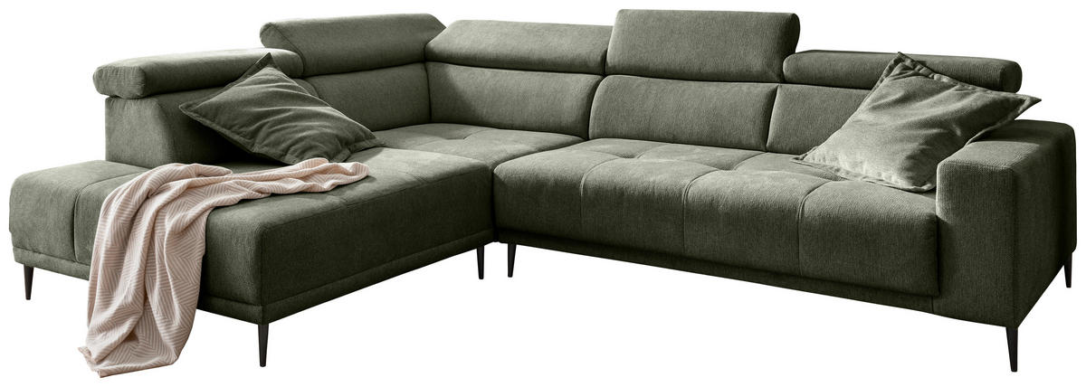 ECKSOFA INTERA Dunkelgrün Struktur Kopfteilverstellung, Sitzvorzug  - Dunkelgrün/Schwarz, KONVENTIONELL, Textil/Metall (225/305cm) - Livetastic