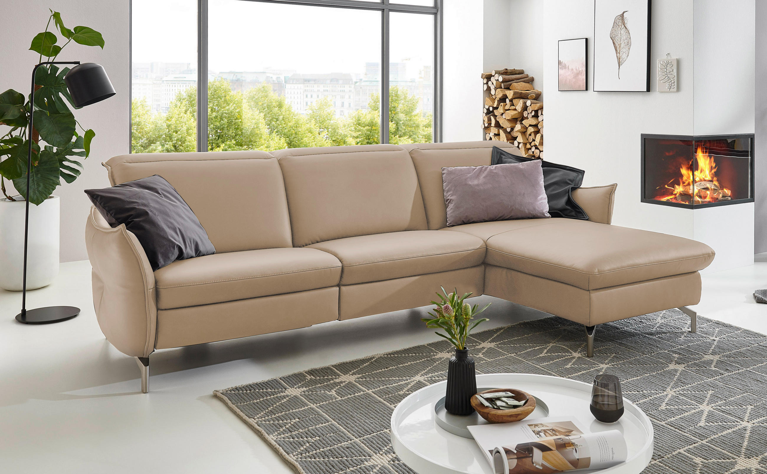 ECKSOFA in Mikrofaser Sandfarben  - Sandfarben/Nickelfarben, Modern, Textil/Metall (263/179cm) - Livetastic