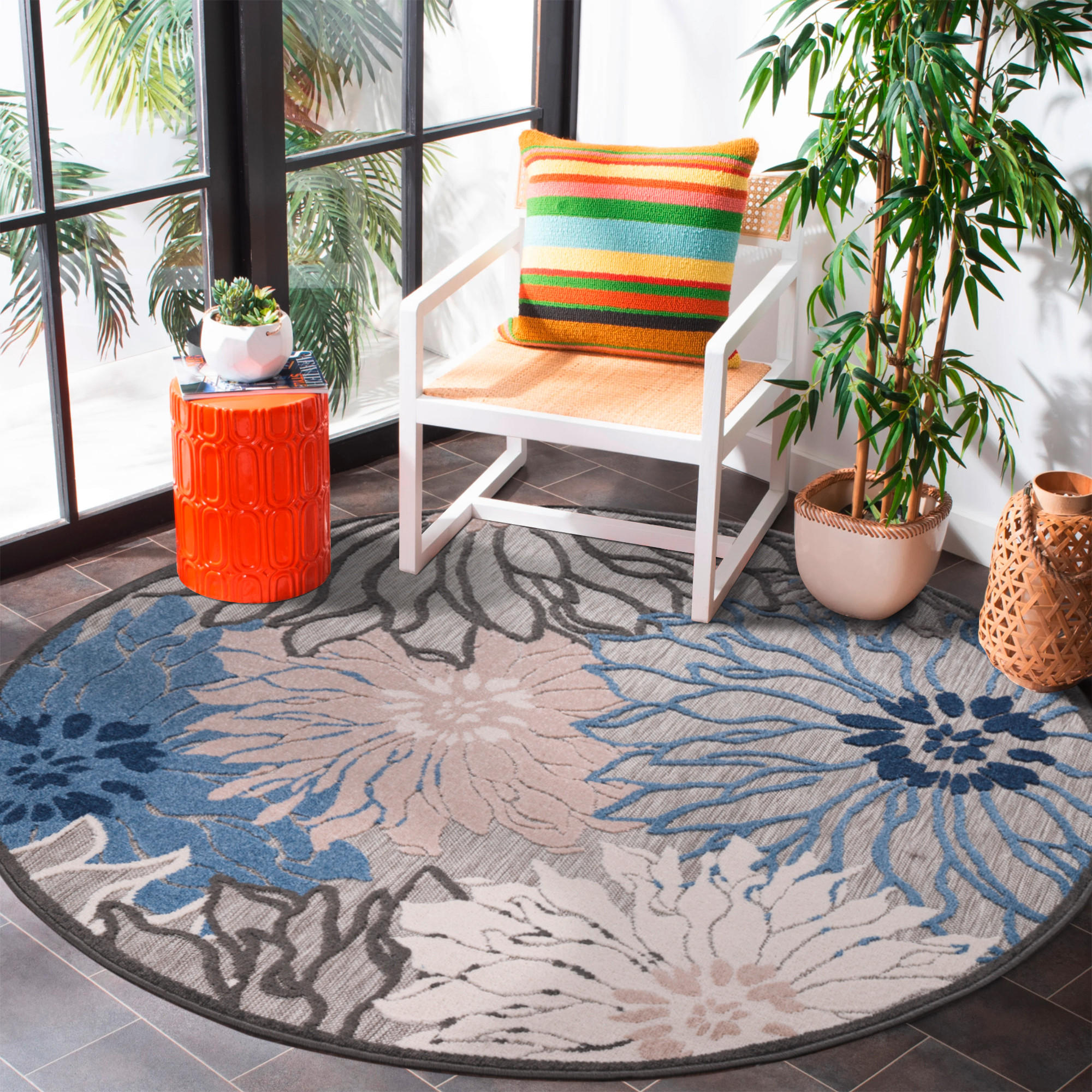 PREPROGA ZA ZUNANJO UPORABO Floral 150 cm tkano modra, siva - modra/siva, Trendi, umetna masa/tekstil (150cm)