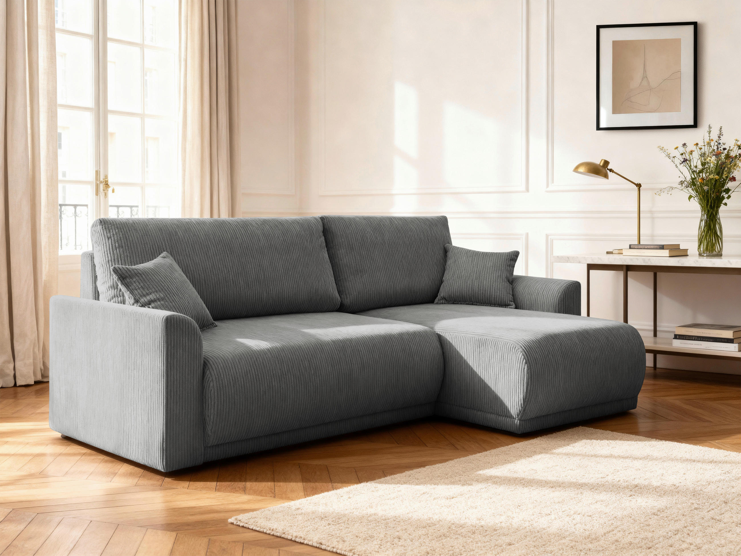 ECKSOFA KIMMY Grau Cord Zierkissen, Rückenkissen, Bettkasten  - Schwarz/Grau, Design, Kunststoff/Textil (233/146cm) - P & B