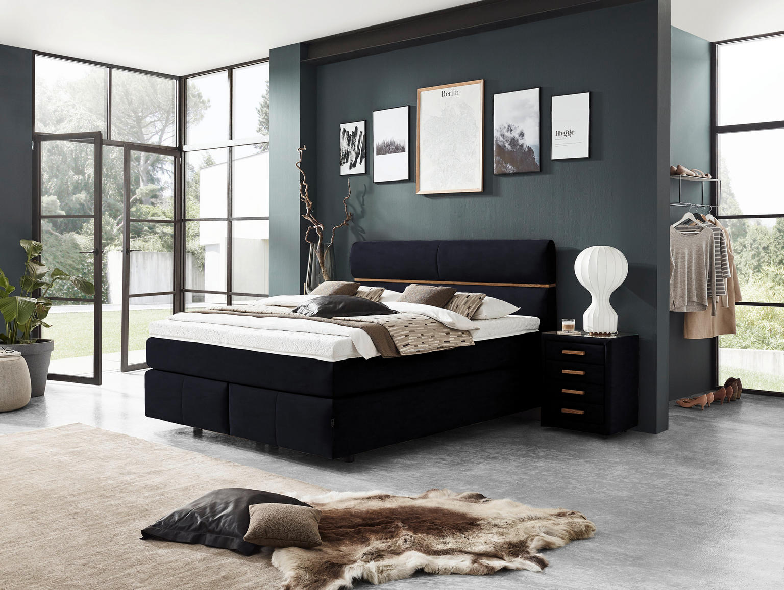 BOXSPRINGBETT 180/200 cm in Schwarz, Eichefarben - Einrichtungsbeispiel