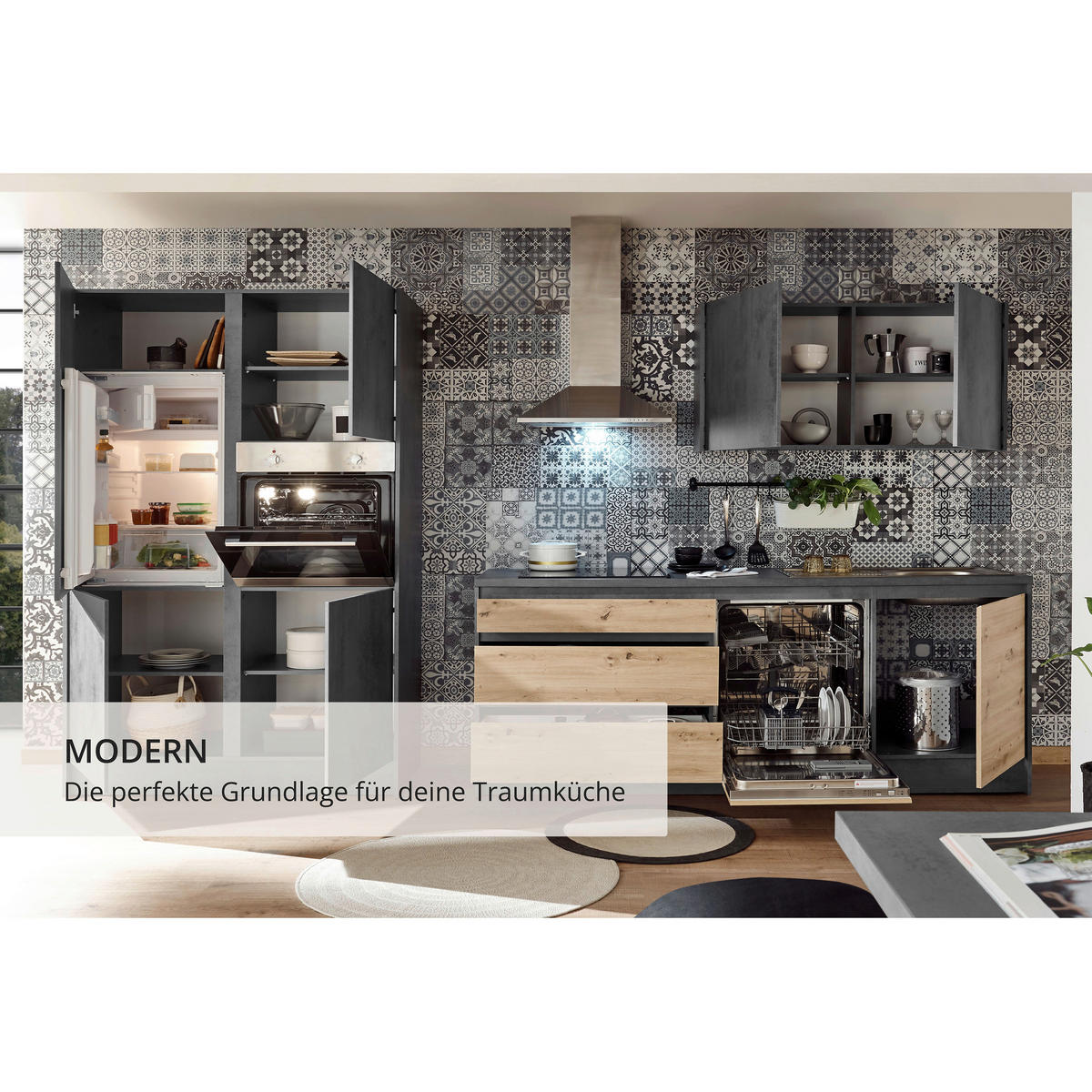 KUHINJSKI BLOK BREZ APARATOV - barve hrasta/antracit, Basics, leseni material (336,4/210/60cm) - Xora