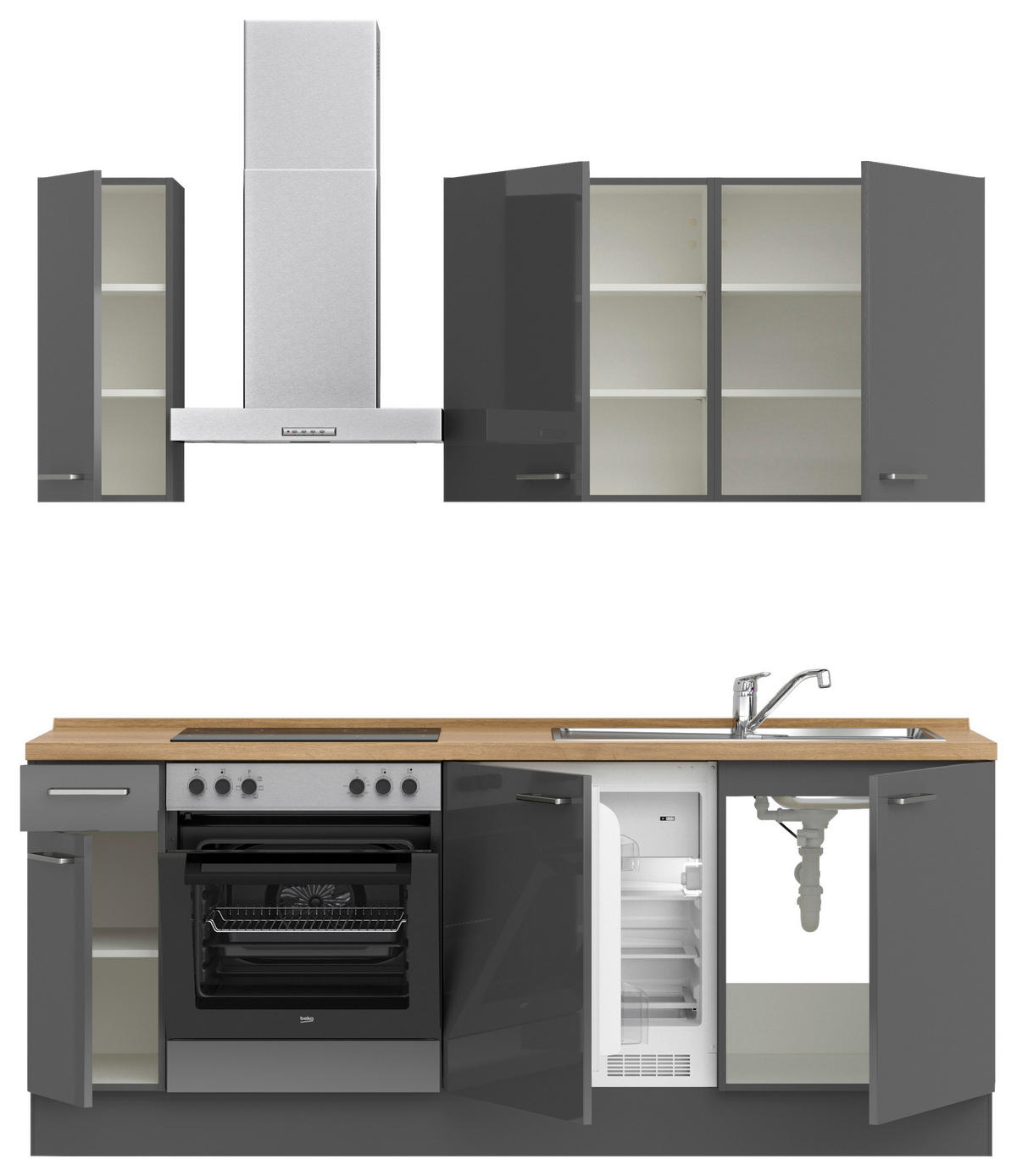 KÜCHENLEERBLOCK 210 cm   in Eichefarben, Schieferfarben  - Schieferfarben/Edelstahlfarben, MODERN, Holzwerkstoff/Metall (210cm) - Nobilia