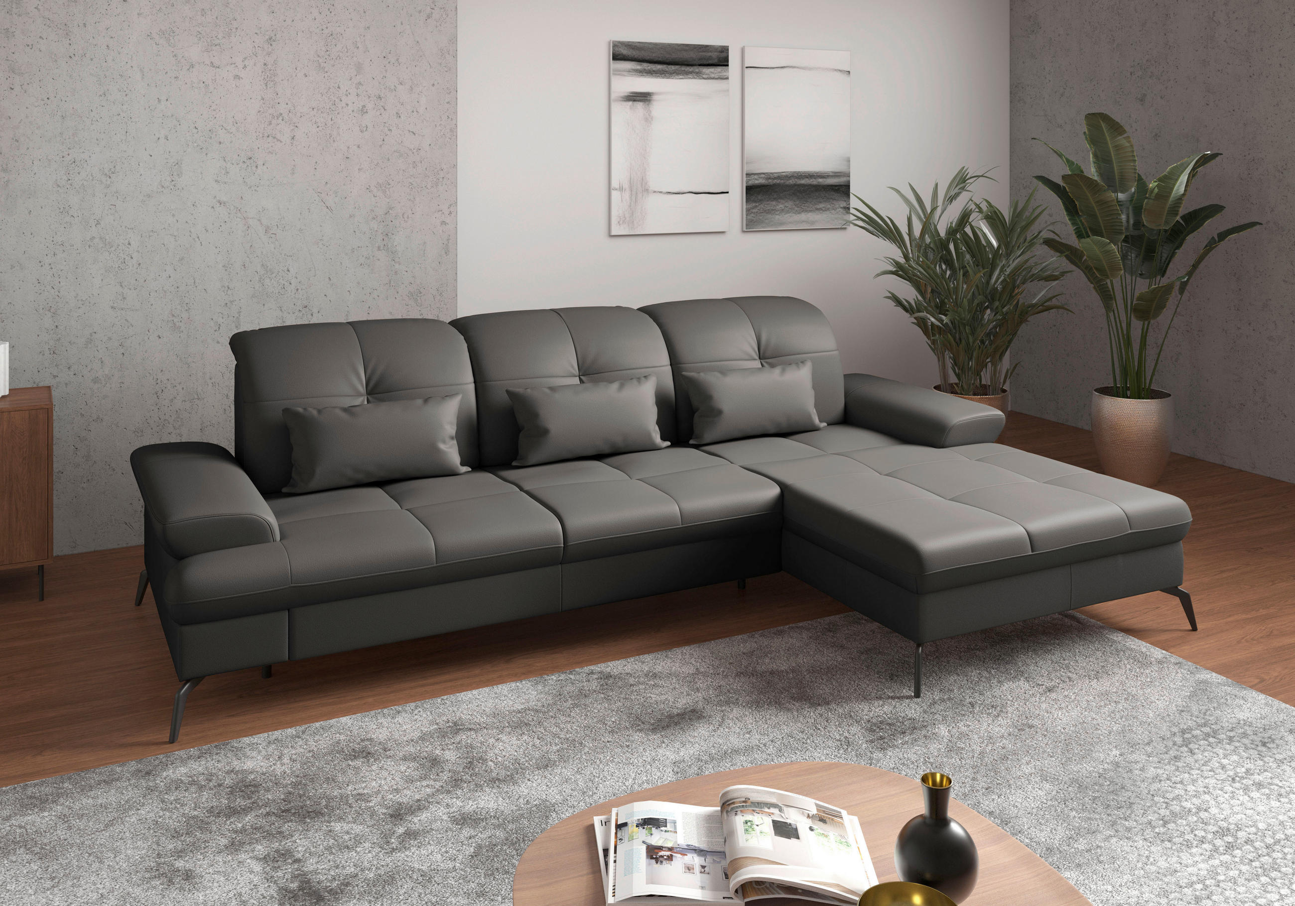 ECKSOFA in Vliesstoff Kombination Echtleder/Stoff Anthrazit  279/185 cm  - Anthrazit/Schwarz, KONVENTIONELL, Leder/Textil (279/185cm) - Sit & More