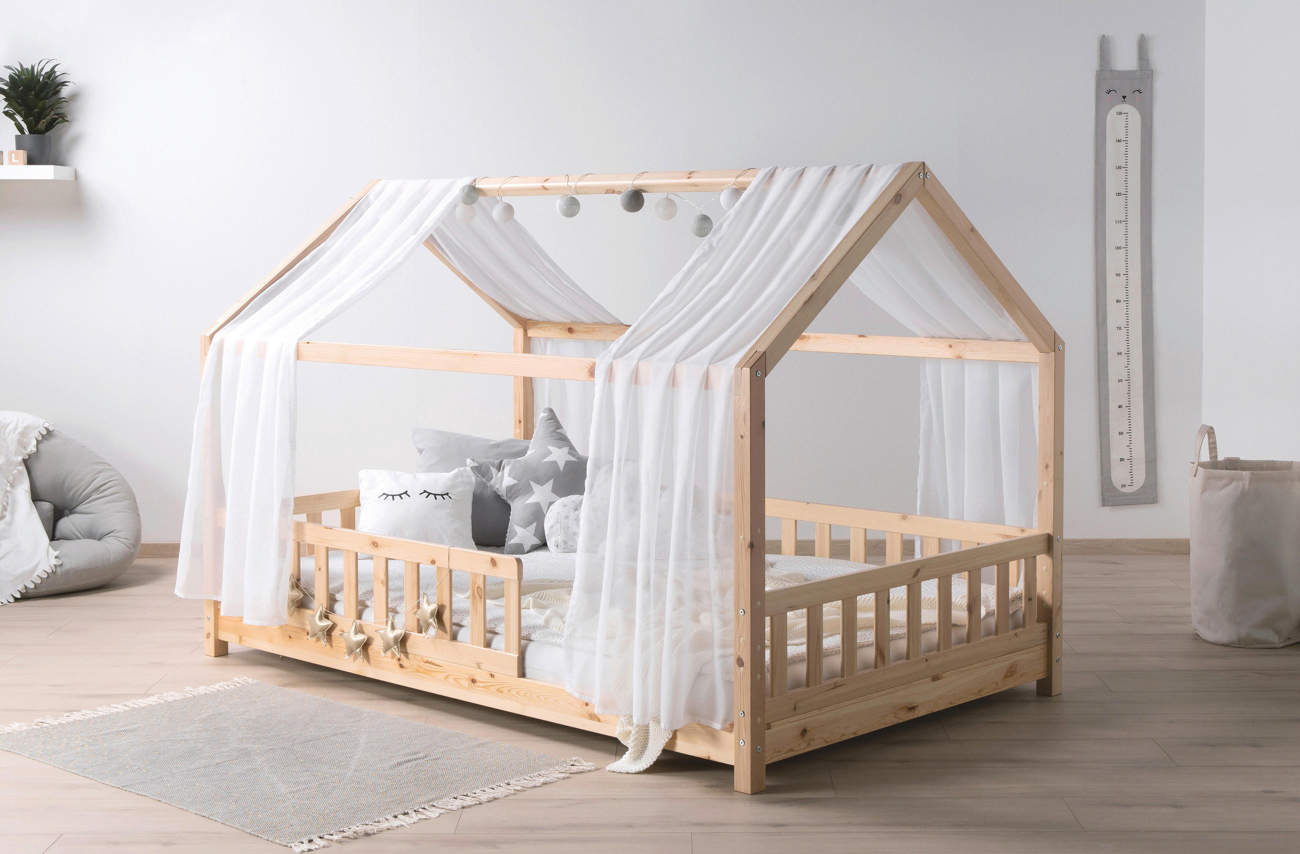 HAUSBETT 100/200 cm,  in Naturfarben, Weiß  - Naturfarben/Weiß, MODERN, Holz/Textil (100/200cm) - MID.YOU