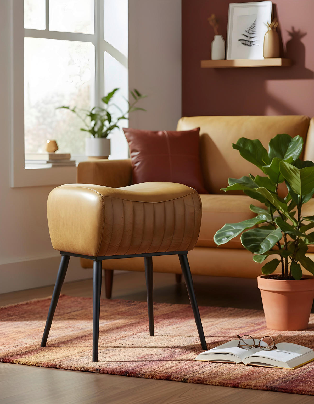 HOCKER Echtleder Braun, Schwarz  - Schwarz/Braun, Trend, Leder/Metall (40/50/30cm) - Landscape