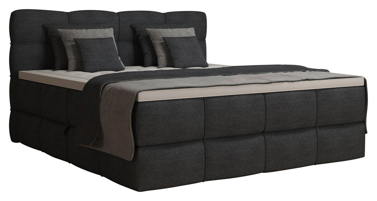BOXSPRINGBETT 180/200 cm,  in Dunkelgrau, gepolstertes Kopfteil, Bettkasten, Topper, Matratzen, H3 + H3 = fest  - Dunkelgrau/Schwarz, Design, Kunststoff/Textil (180/200cm) - Chameo