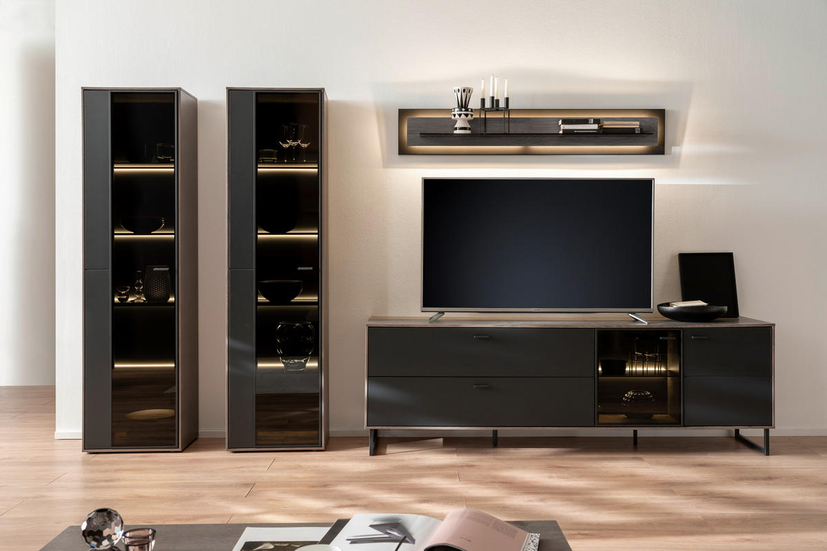 WOHNWAND  in Schwarz, Eichefarben  339/190/50 cm  - Eichefarben/Anthrazit, Design, Glas/Holz (339/190/50cm) - MID.YOU