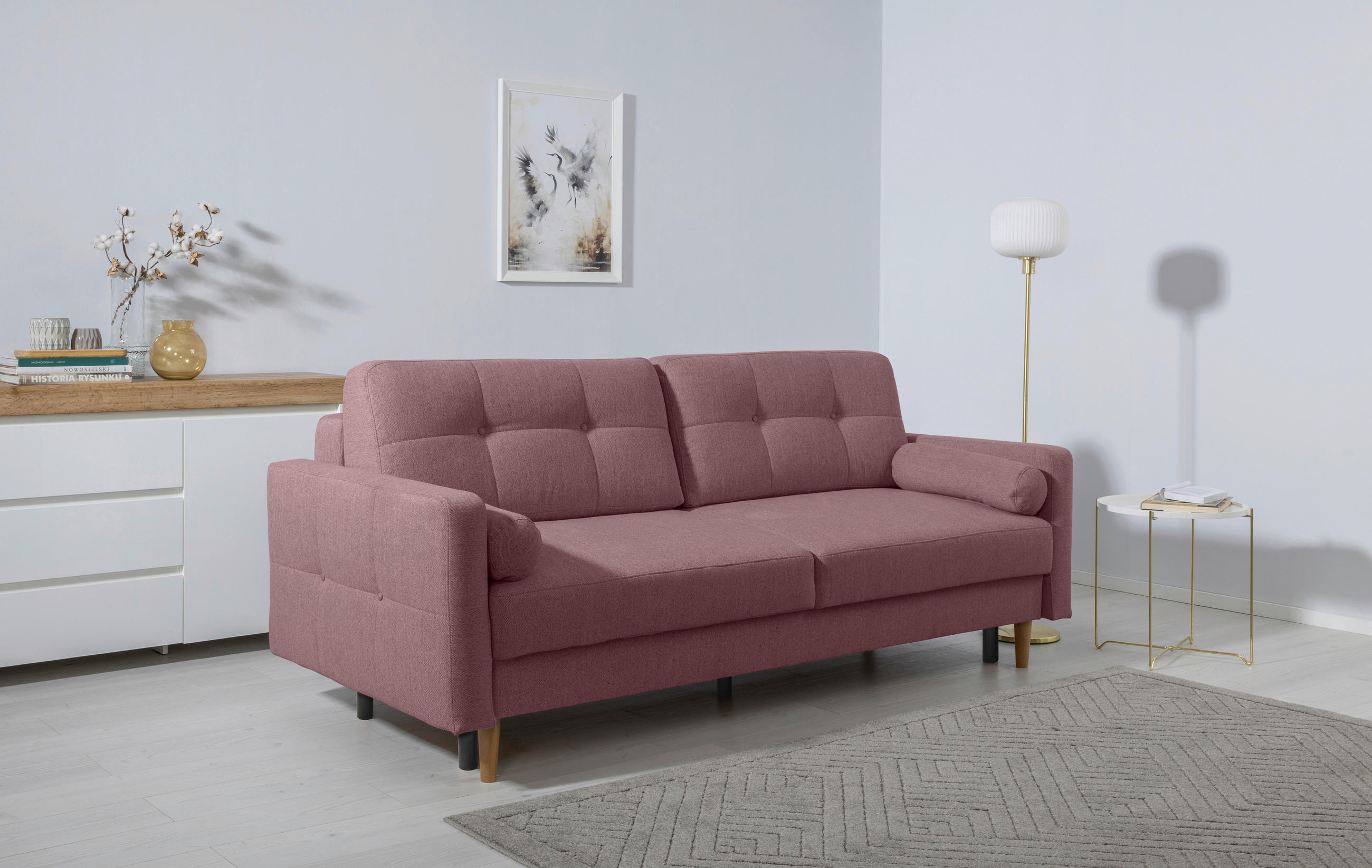 SCHLAFSOFA Noret Beere Querschläfer  inkl. Rückenkissen, Armlehnenkissen, Bettkasten, Schlaffunktion  - Beere/Buchefarben, Design, Holz/Textil (222/93/99cm) - MID.YOU