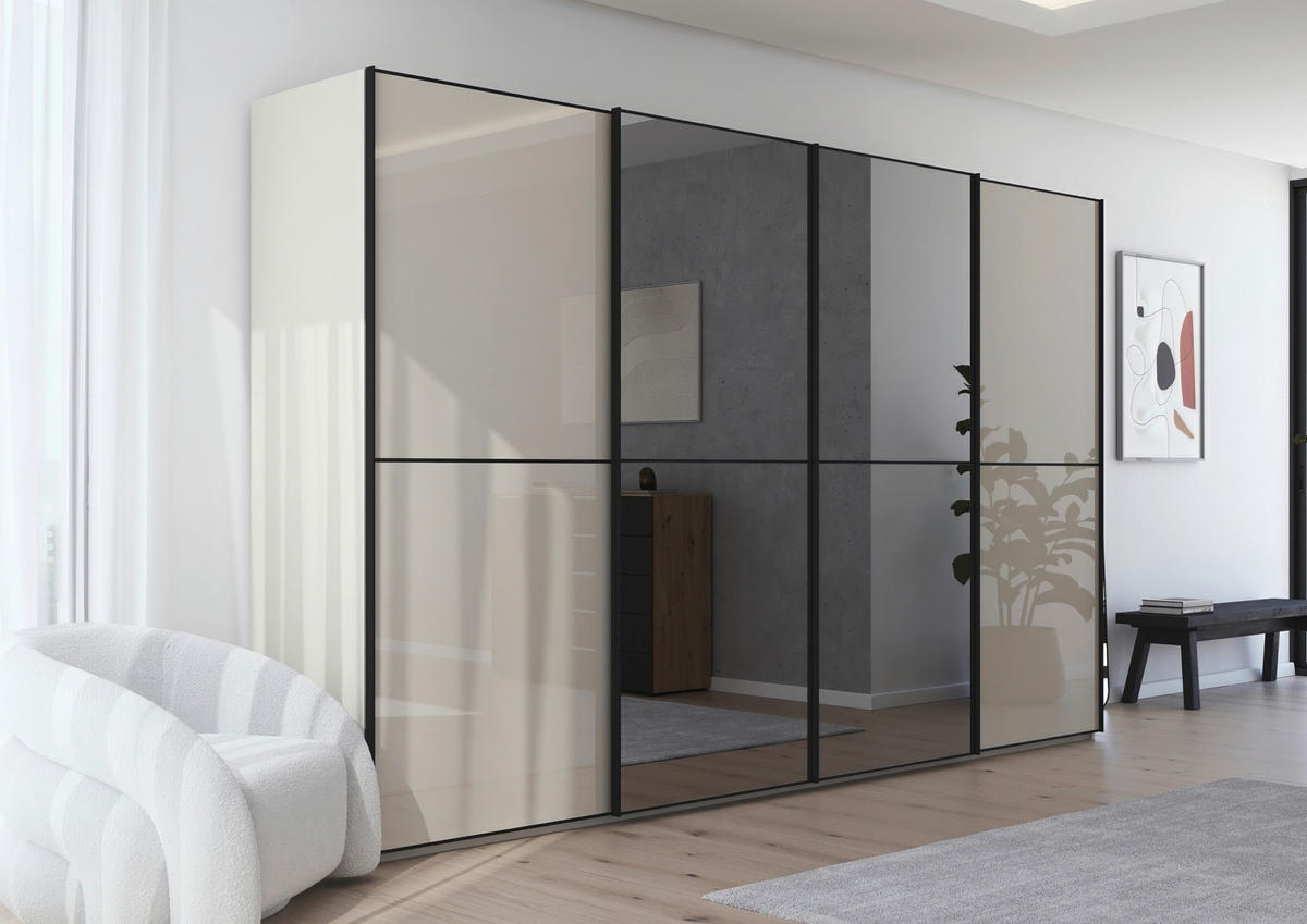 SCHWEBETÜRENSCHRANK 320/236/68 cm,  in Champagner, 4 Tür(en)  - Champagner/Schwarz, Design, Glas/Holzwerkstoff (320/236/68cm) - Novel