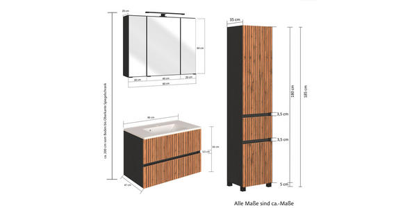 BADEZIMMER  in 120 cm  - Eiche Wotan/Graphitfarben, KONVENTIONELL, Glas/Holzwerkstoff (120cm) - Xora