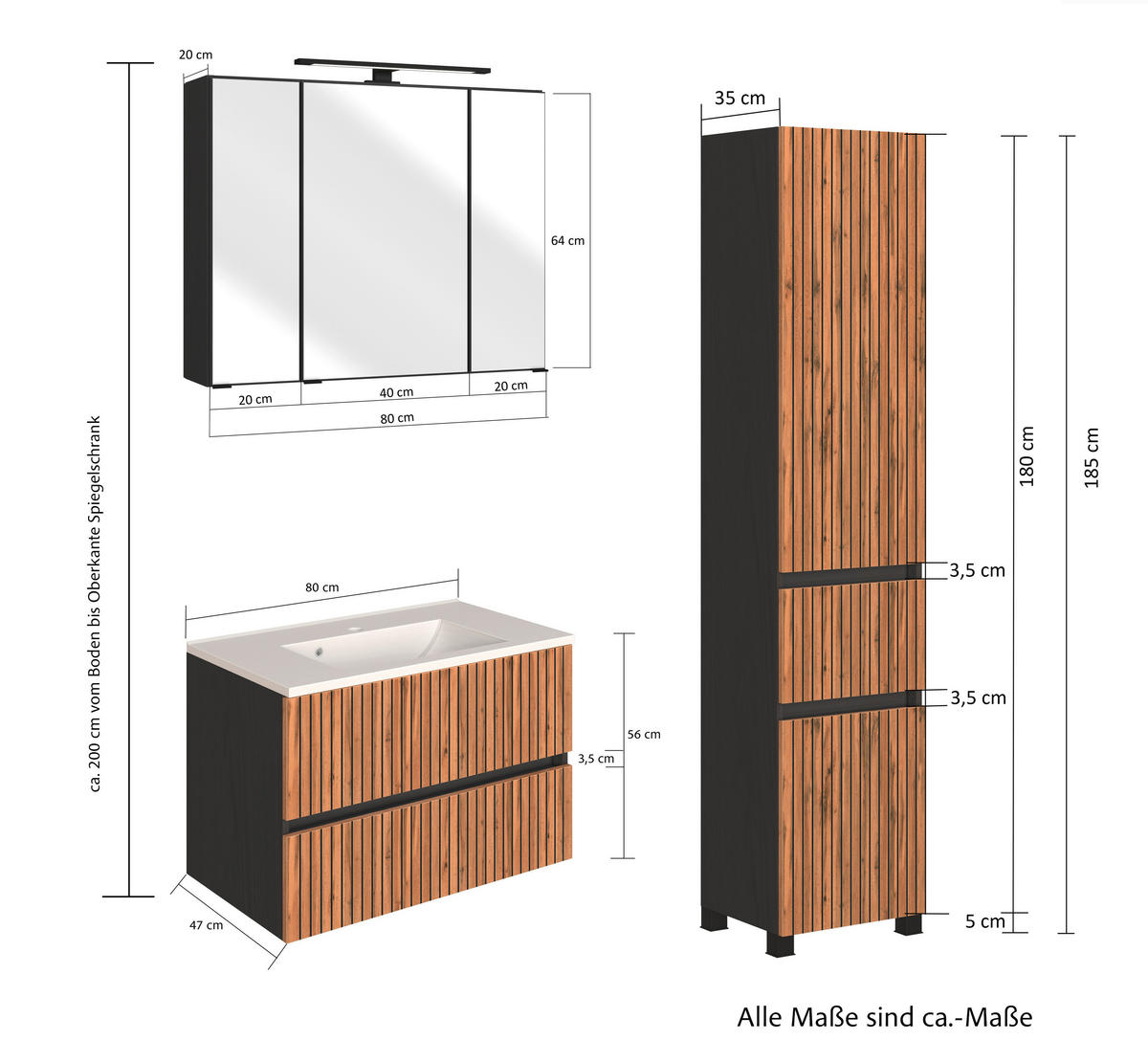 BADEZIMMER  in 120 cm  - Eiche Wotan/Graphitfarben, KONVENTIONELL, Glas/Holzwerkstoff (120cm) - Xora