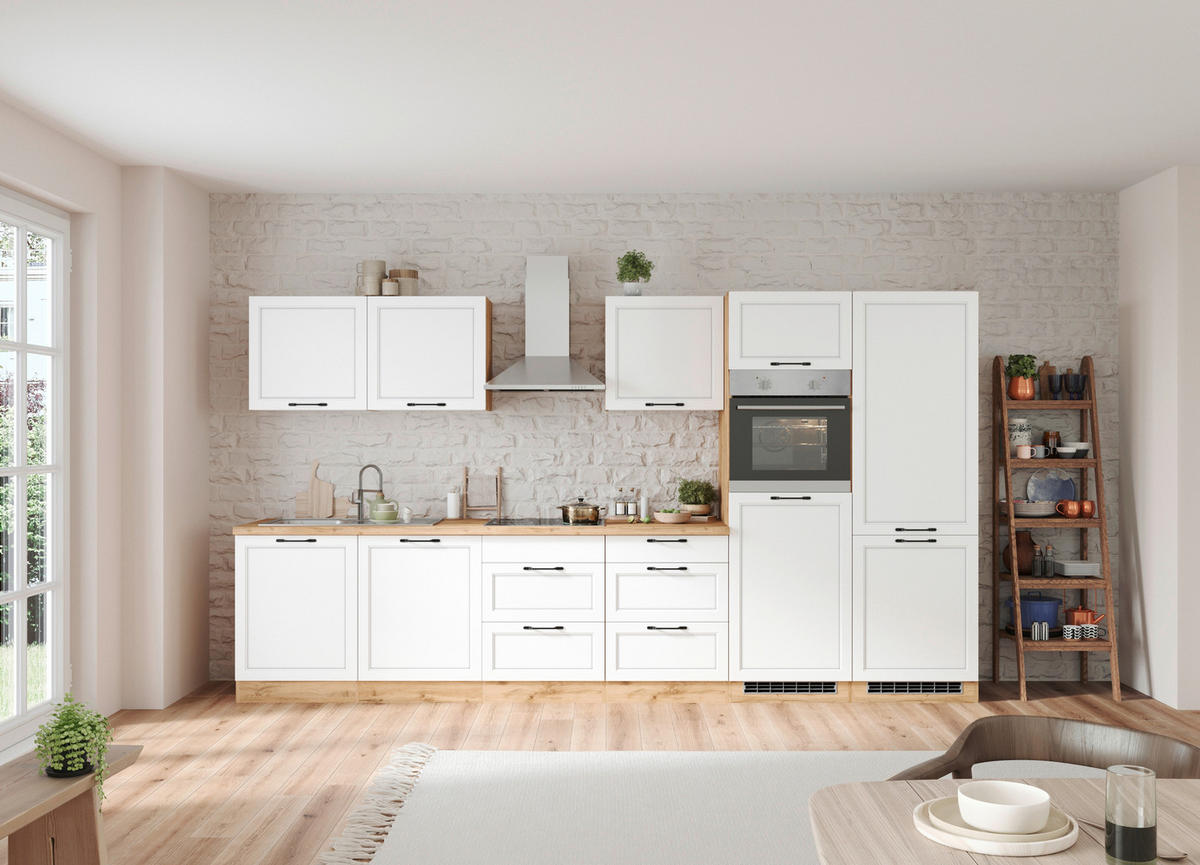 KÜCHENBLOCK 360 cm   in Weiß, Eiche Wotan  - Eiche Wotan/Schwarz, LIFESTYLE, Holzwerkstoff/Metall (360cm) - Held