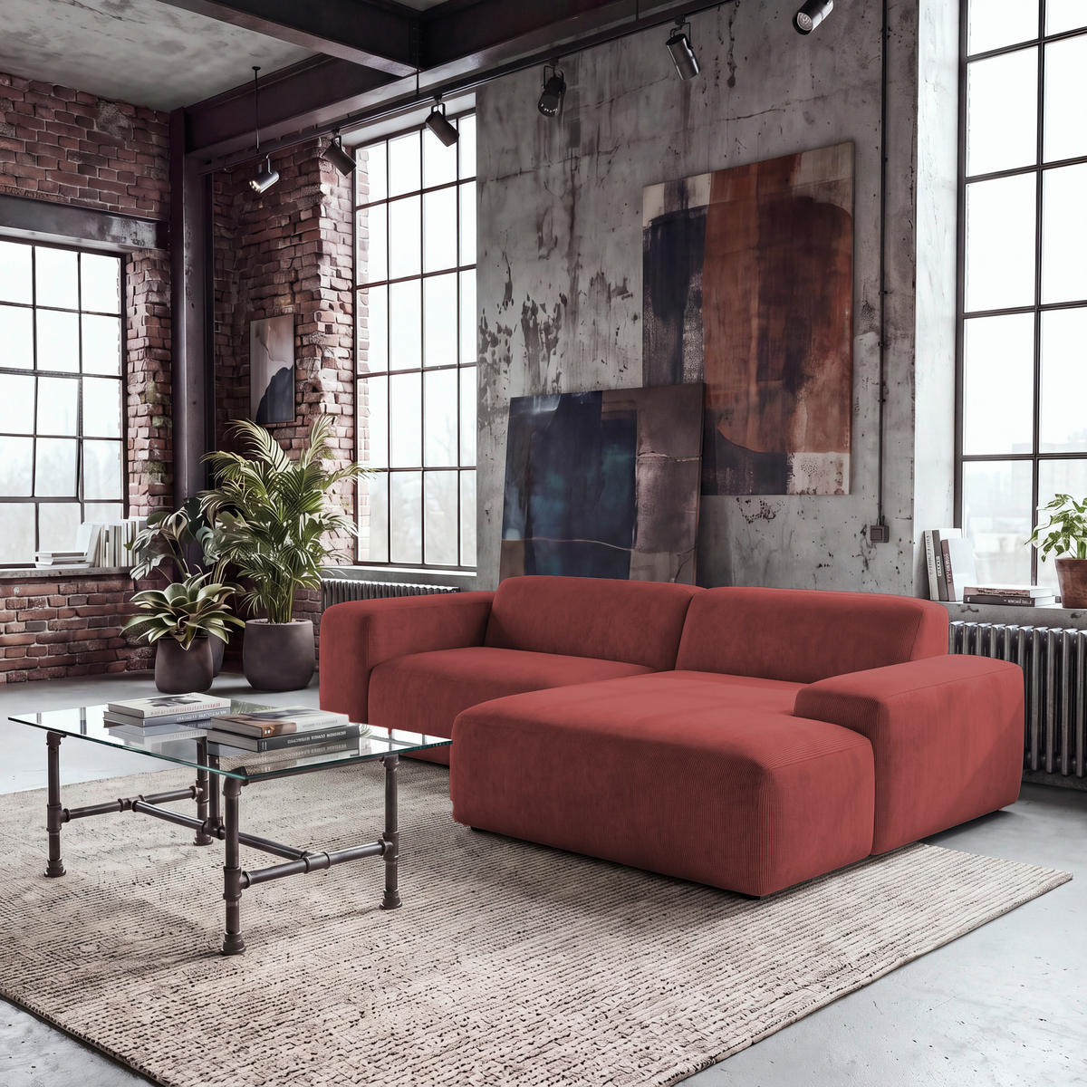ECKSOFA 252/170 cm HANNAH in Cord Rot  252/170 cm  - Rot/Schwarz, Design, Kunststoff/Textil (252/170cm) - MID.YOU