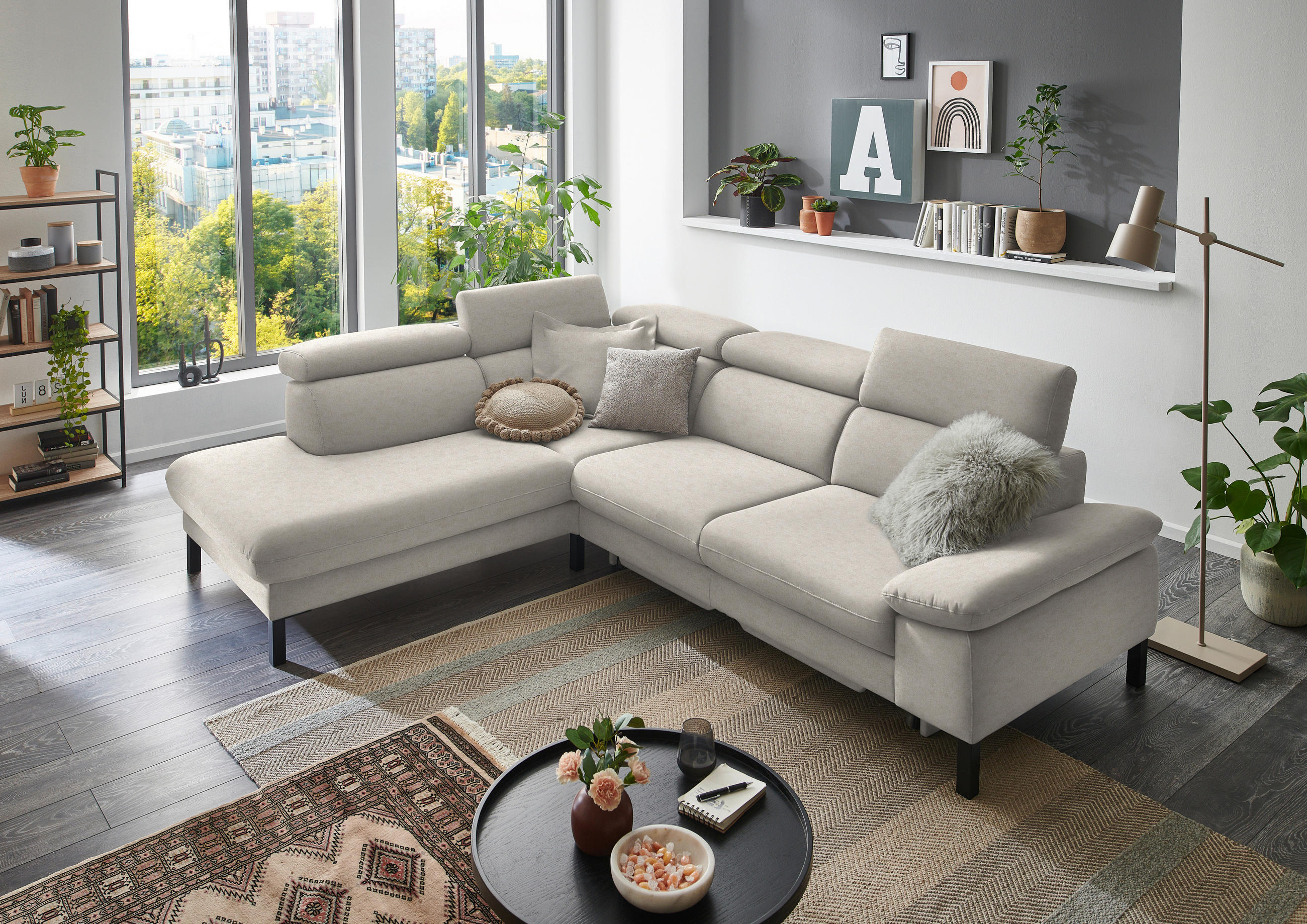 ECKSOFA in Flachgewebe Beige  - Beige/Schwarz, Design, Holzwerkstoff/Textil (217/272cm) - Pure Home Comfort
