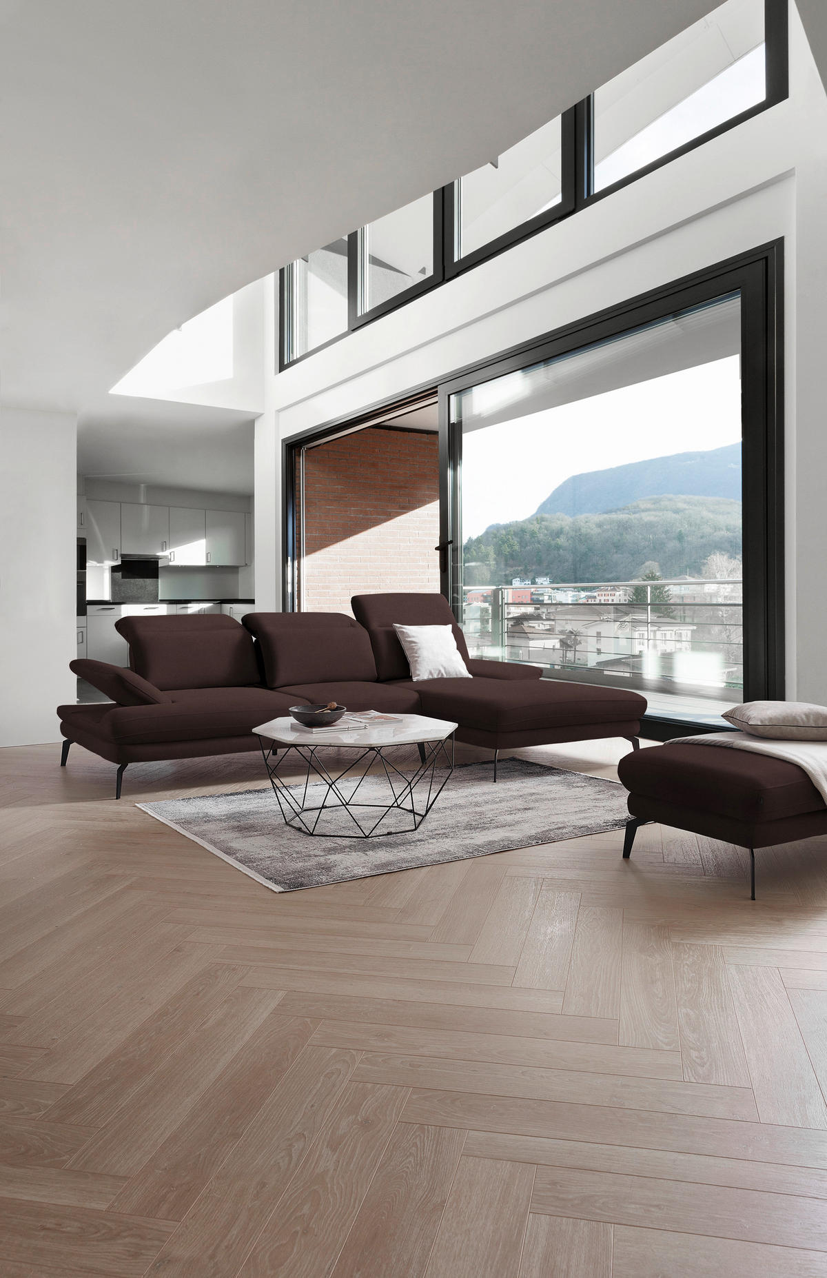 ECKSOFA in Flachgewebe Dunkelbraun  - Dunkelbraun/Schwarz, Design, Textil/Metall (289/180cm) - Stylife
