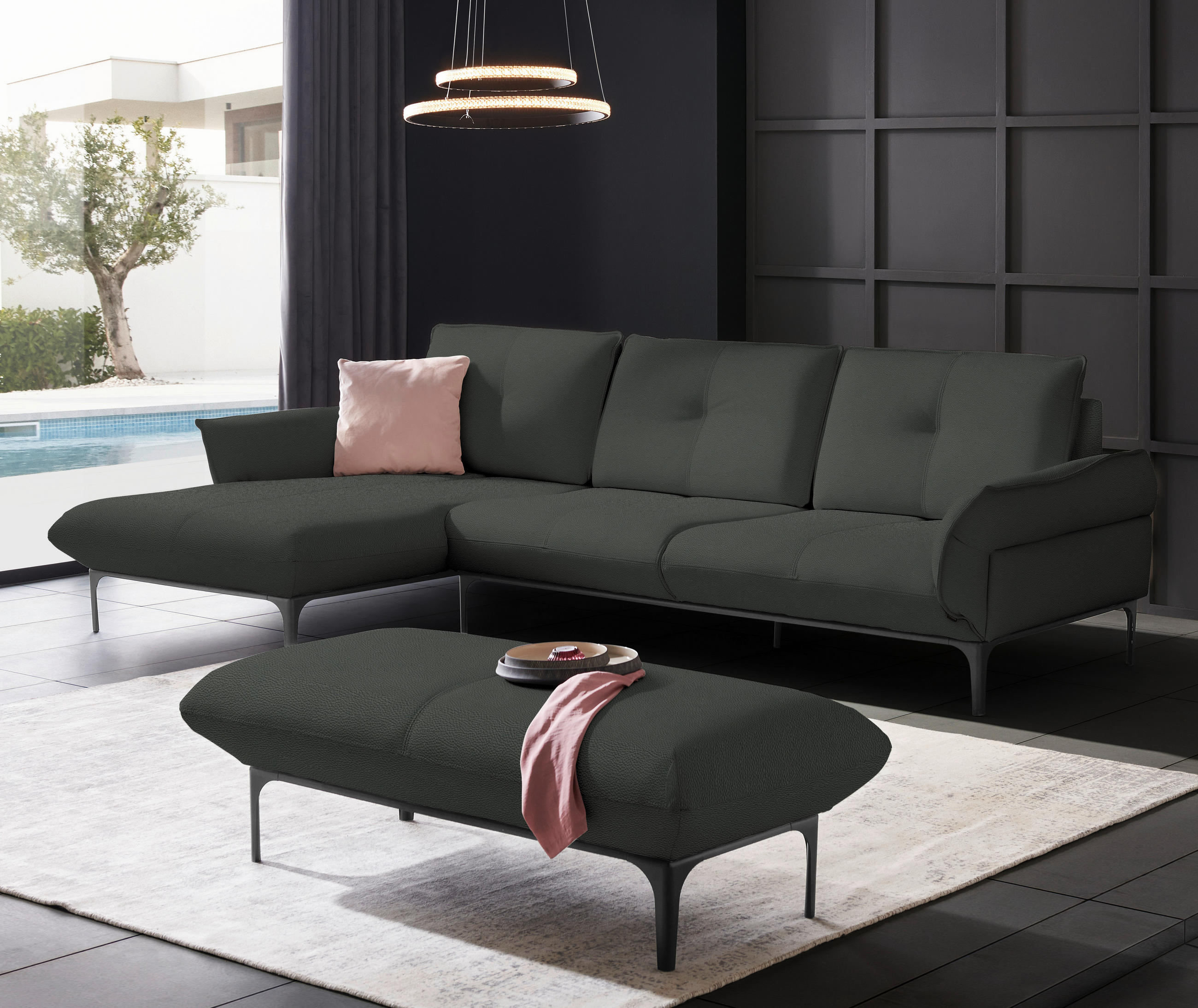 ECKSOFA in Echtleder Anthrazit  - Anthrazit/Schwarz, Design, Leder/Metall (182/325cm) - Valnatura