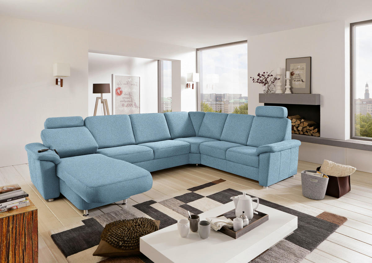 WOHNLANDSCHAFT Hellblau Flachgewebe  - Chromfarben/Hellblau, KONVENTIONELL, Textil/Metall (163/330/240cm) - Beldomo System