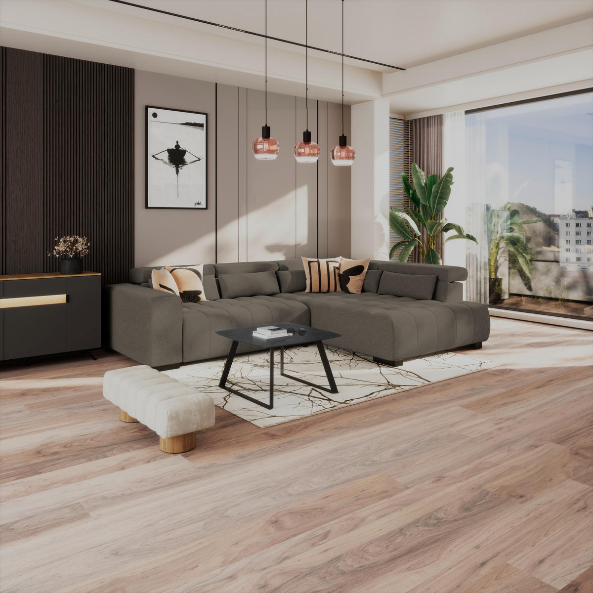 ECKSOFA MATERA Dunkelbraun Chenille, Struktur Nierenkissen, Kopfteilverstellung, Sitzvorzug  - Dunkelbraun/Schwarz, Trend, Holz/Textil (311/226cm) - MID.YOU