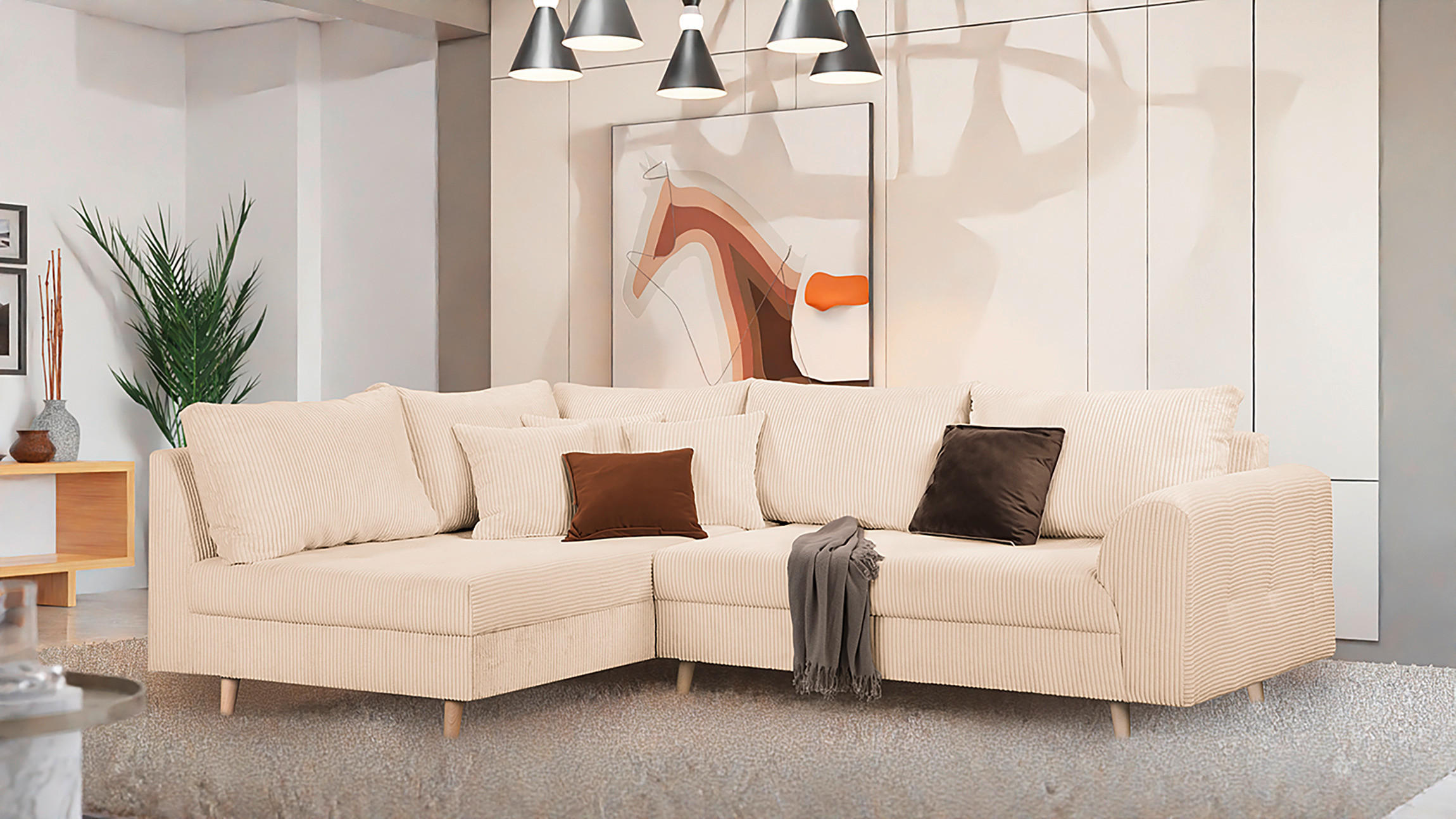 ECKSOFA inkl. Hocker Ariella Creme Cord  - Creme/Naturfarben, Design, Holz/Textil (161/231cm) - Livetastic