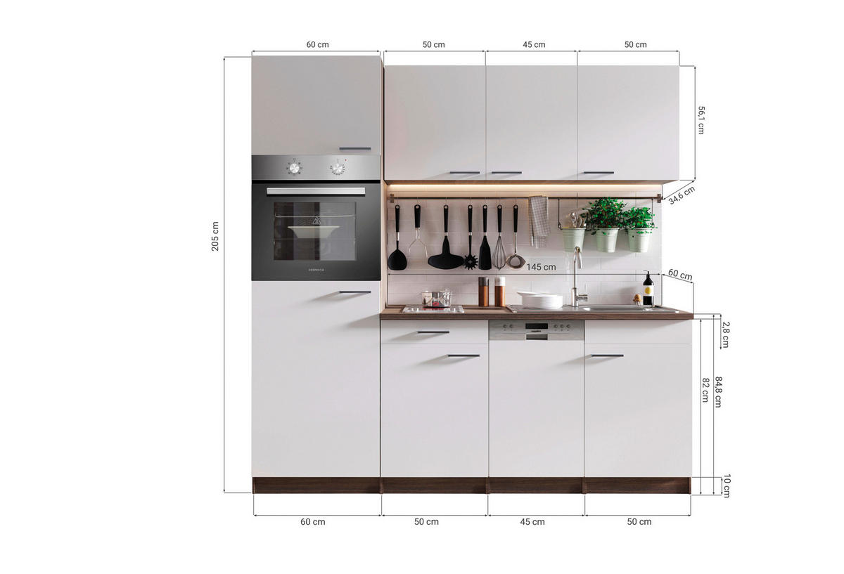 KÜCHENBLOCK 205 cm   in Weiß  - Eichefarben/Alufarben, Basics, Holzwerkstoff/Kunststoff (205cm) - Respekta