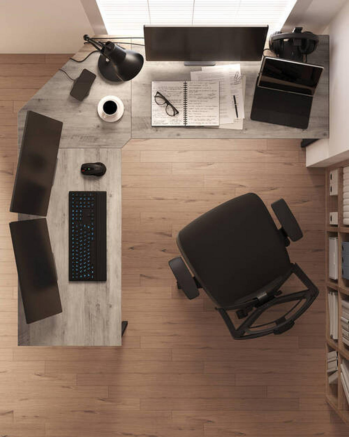 ECKSCHREIBTISCH 149/149/75 cm Schwarz, Eiche grau Kabeldurchlass  - Eiche grau/Schwarz, Basics, Holzwerkstoff/Metall (149/149/75cm) - Boxxx