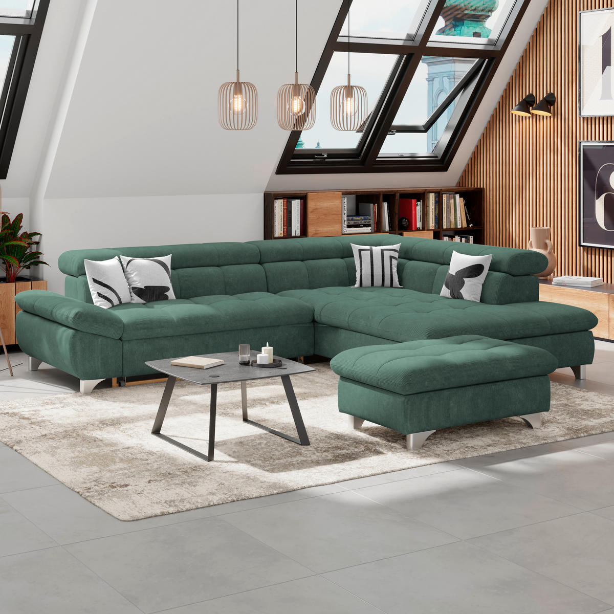 HOCKER in Textil Waldgrün  - Waldgrün/Chromfarben, Konventionell, Textil/Metall (108/46/108cm) - Livetastic