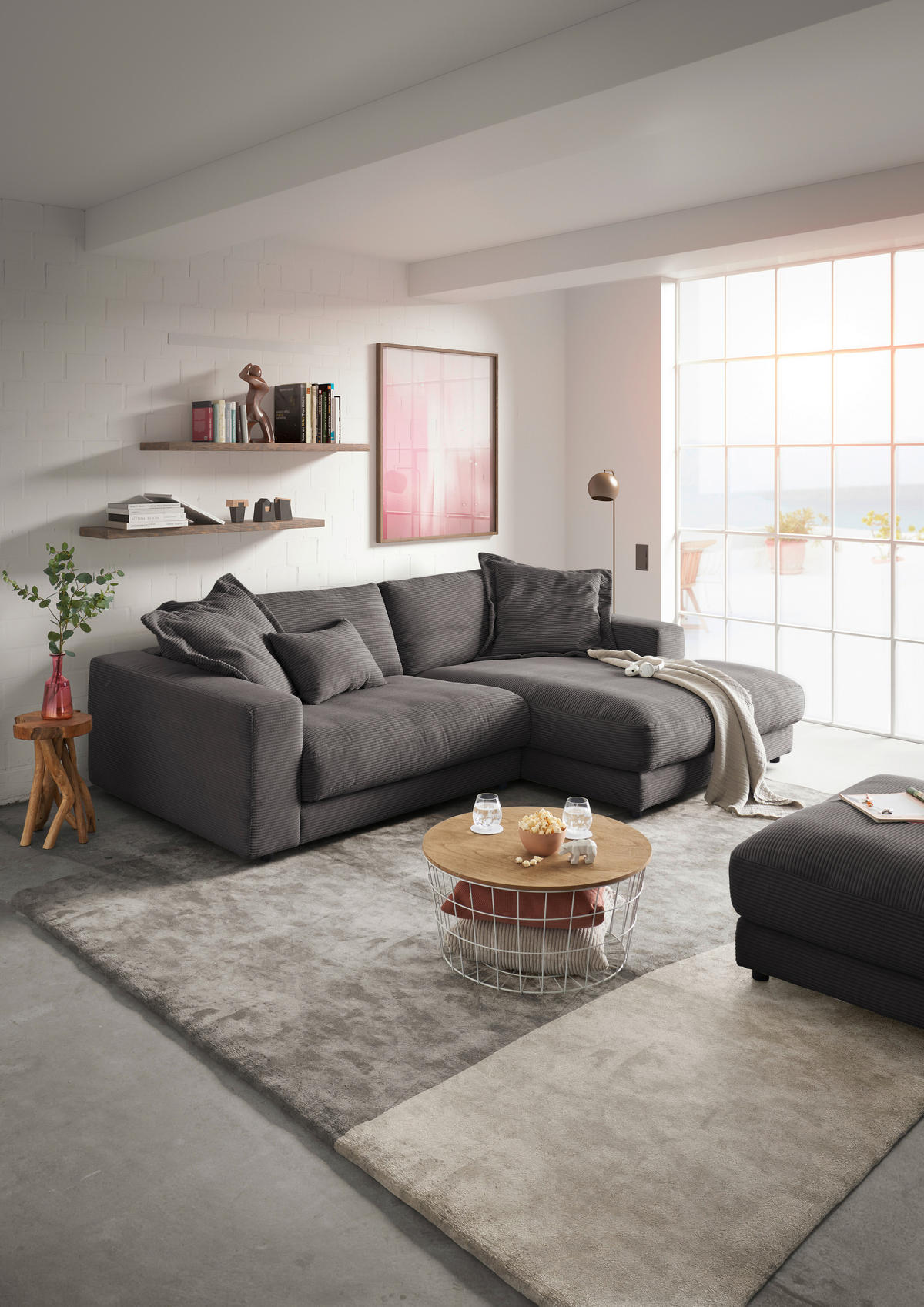 ECKSOFA in Cord Grau  - Schwarz/Grau, Design, Kunststoff/Textil (250/190cm) - Pure Home Lifestyle
