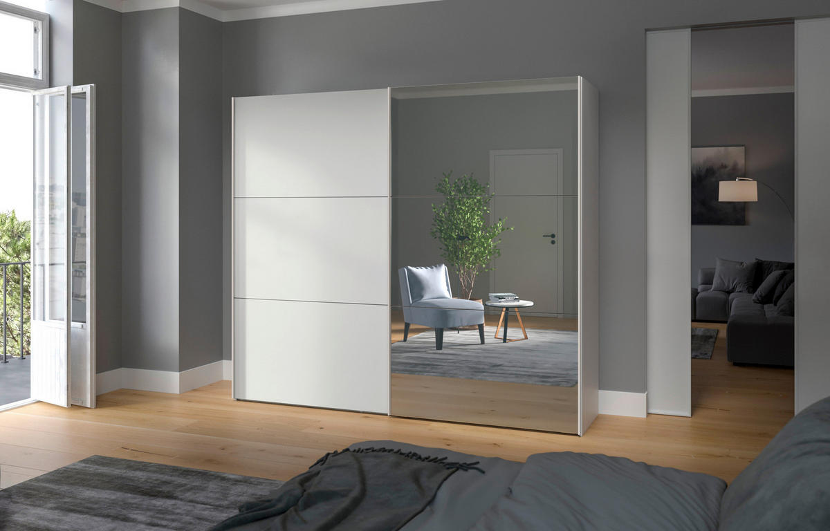 SCHWEBETÜRENSCHRANK 253/215/65 cm 2-türig Weiß  - Edelstahlfarben/Weiß, Design, Glas/Holzwerkstoff (253/215/65cm) - Boxxx