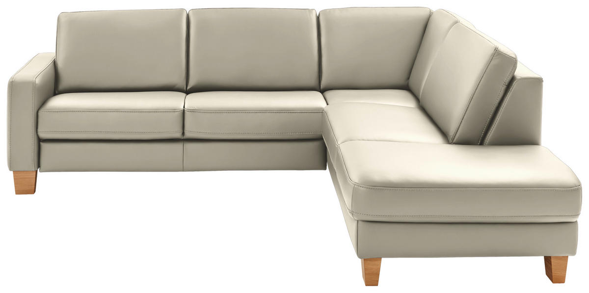 ECKSOFA in Echtleder Ecru  - Ecru/Eiche Bianco, Konventionell, Leder/Holz (257/235cm) - Valdera