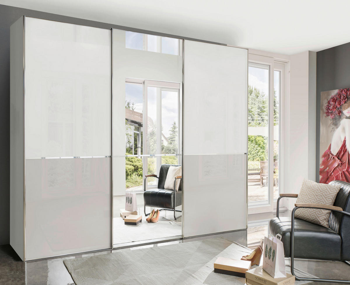 SCHWEBETÜRENSCHRANK  in Grau, Weiß  - Chromfarben/Weiß, KONVENTIONELL, Glas/Holzwerkstoff (250/217/67cm) - Novel